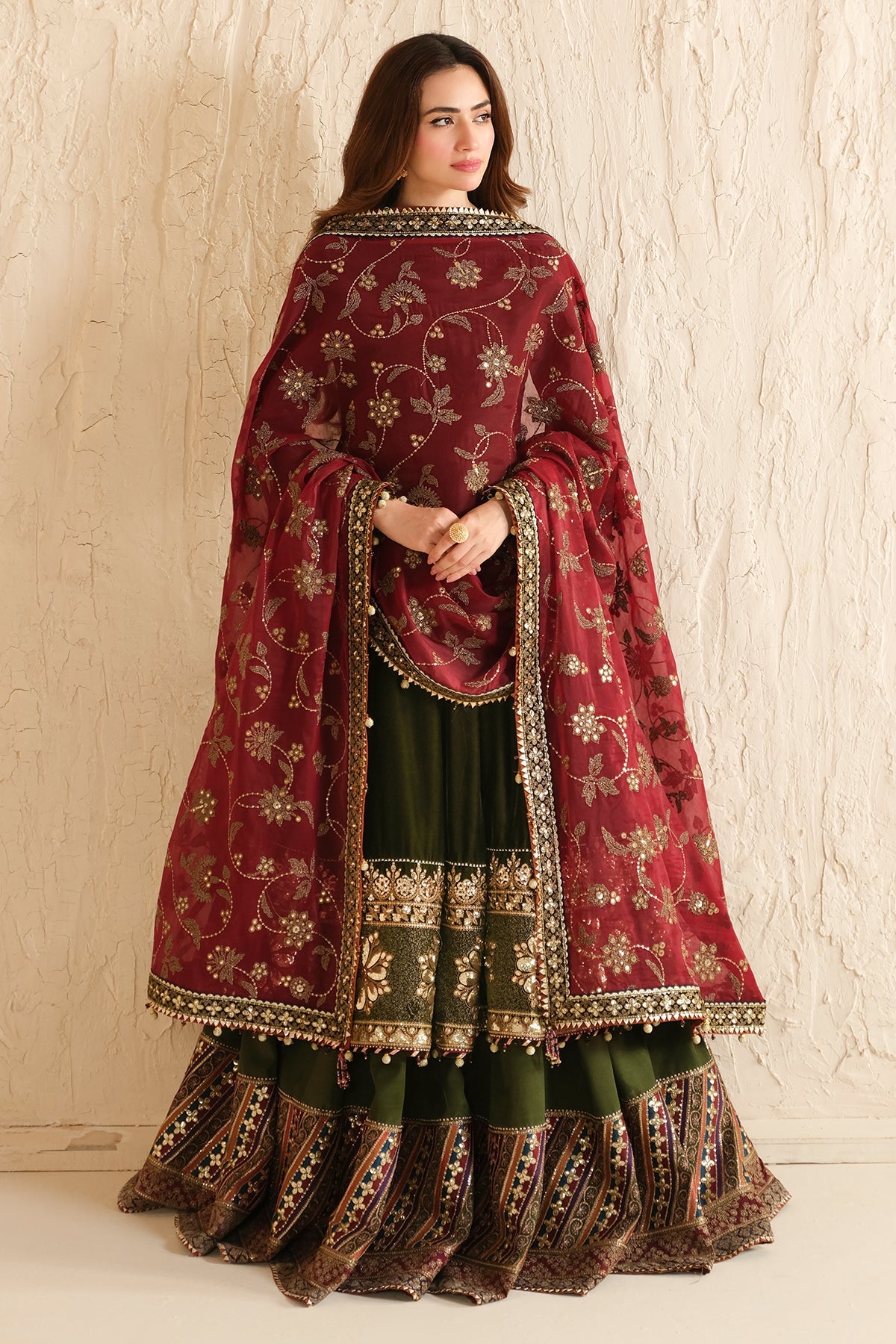 Women Wearing Embroidered Velvet Formal VF-2036 Mehndi Long Shirt with Sharara for Wedding Events - Pakistani Designer Wear for Women in UK | Kifat
