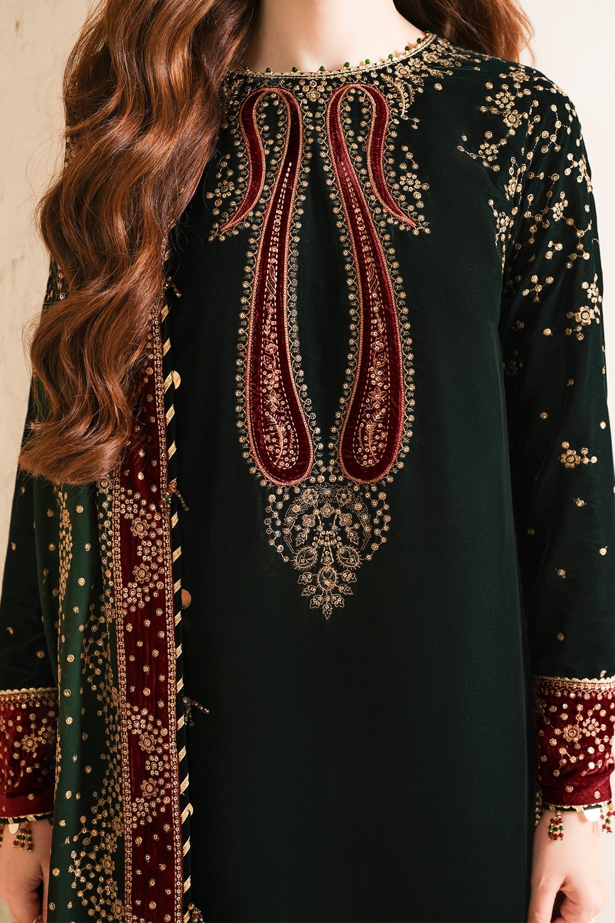Women Wearing Embroidered Velvet Formal VF-2034 Mehndi Long Shirt for Wedding Events - Pakistani Designer Wear for Women in UK | Kifat