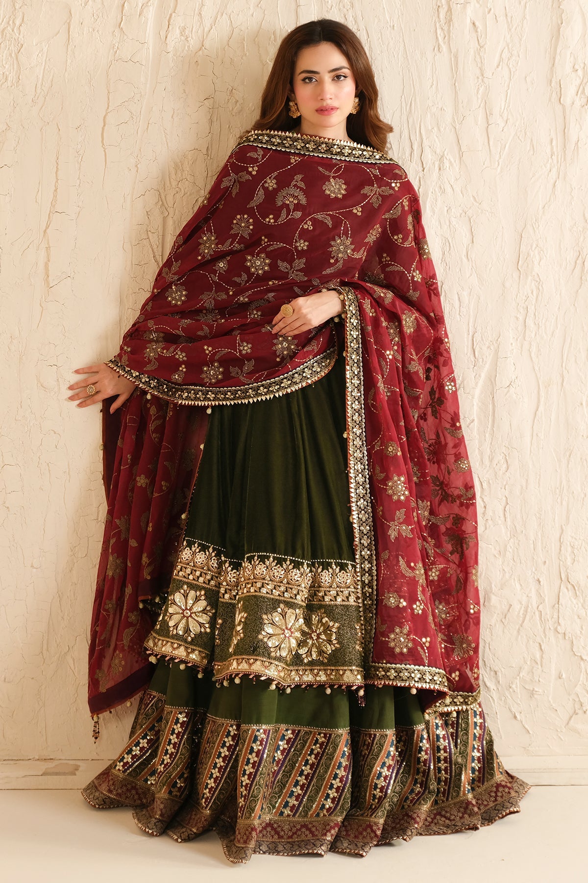Women Wearing Embroidered Velvet Formal VF-2036 Mehndi Long Shirt with Sharara for Wedding Events - Pakistani Designer Wear for Women in UK | Kifat