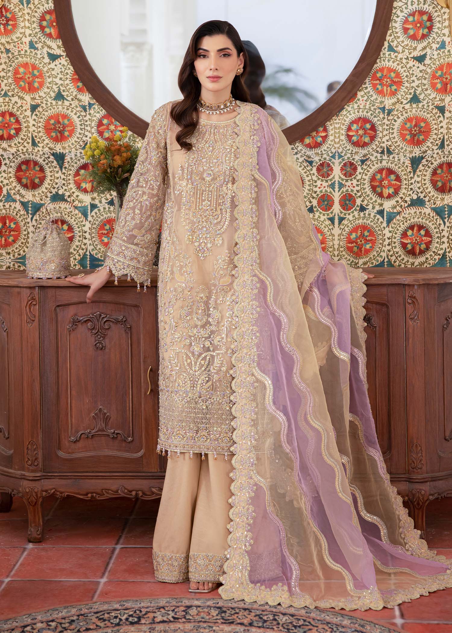 Kanwal Malik Nude shirt straight-cut with Flared Pants for Luxury Wedding wear - Pakistani Designer Wear for Women in UK | Kifat