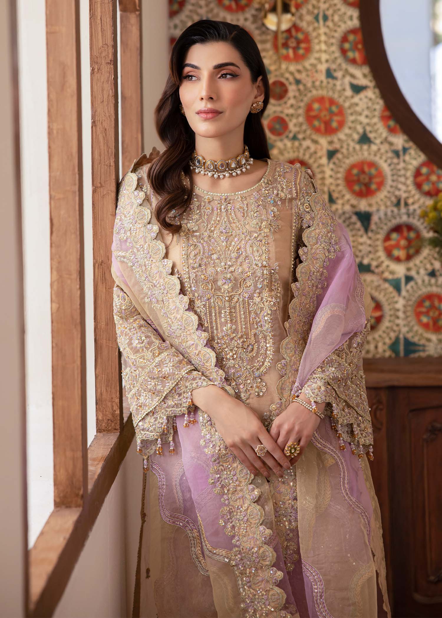 Kanwal Malik Nude shirt straight-cut with Flared Pants for Luxury Wedding wear - Pakistani Designer Wear for Women in UK | Kifat