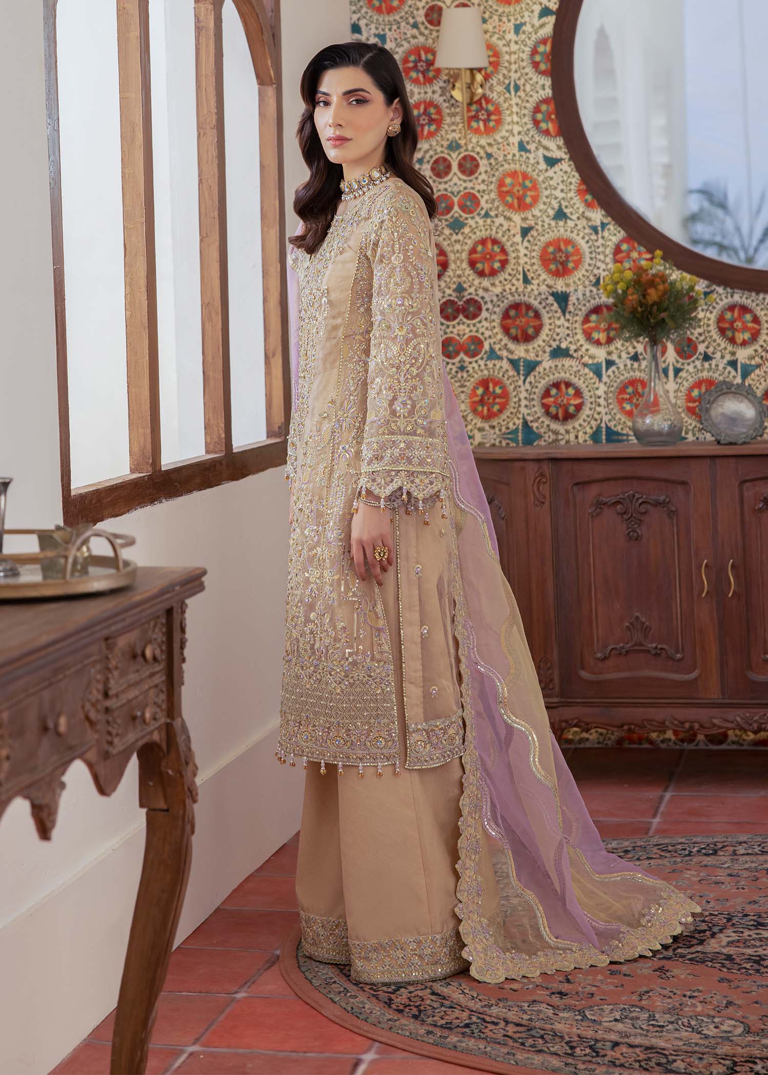 Kanwal Malik Nude shirt straight-cut with Flared Pants for Luxury Wedding wear - Pakistani Designer Wear for Women in UK | Kifat