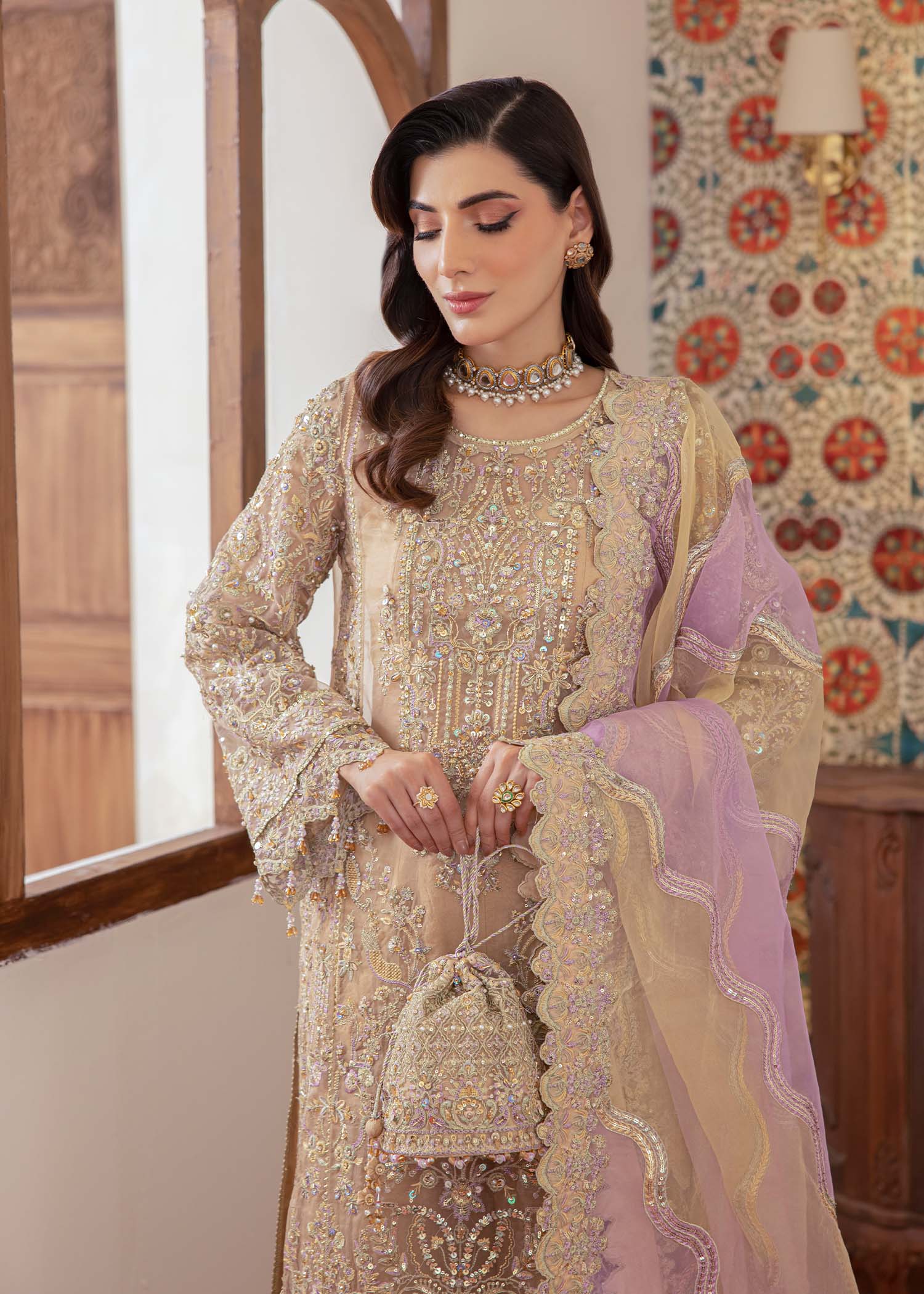 Kanwal Malik Nude shirt straight-cut with Flared Pants for Luxury Wedding wear - Pakistani Designer Wear for Women in UK | Kifat