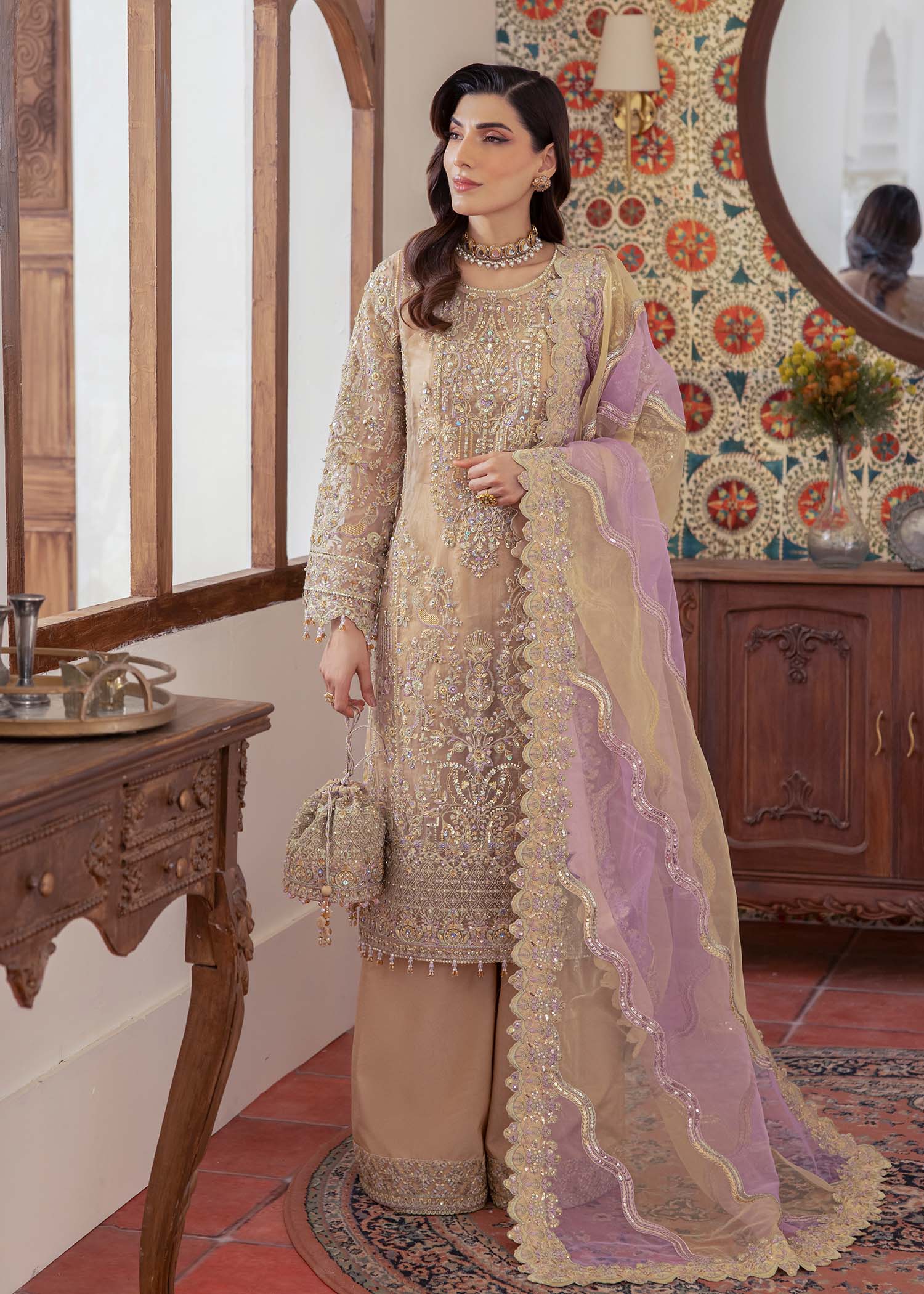 Kanwal Malik Nude shirt straight-cut with Flared Pants for Luxury Wedding wear - Pakistani Designer Wear for Women in UK | Kifat