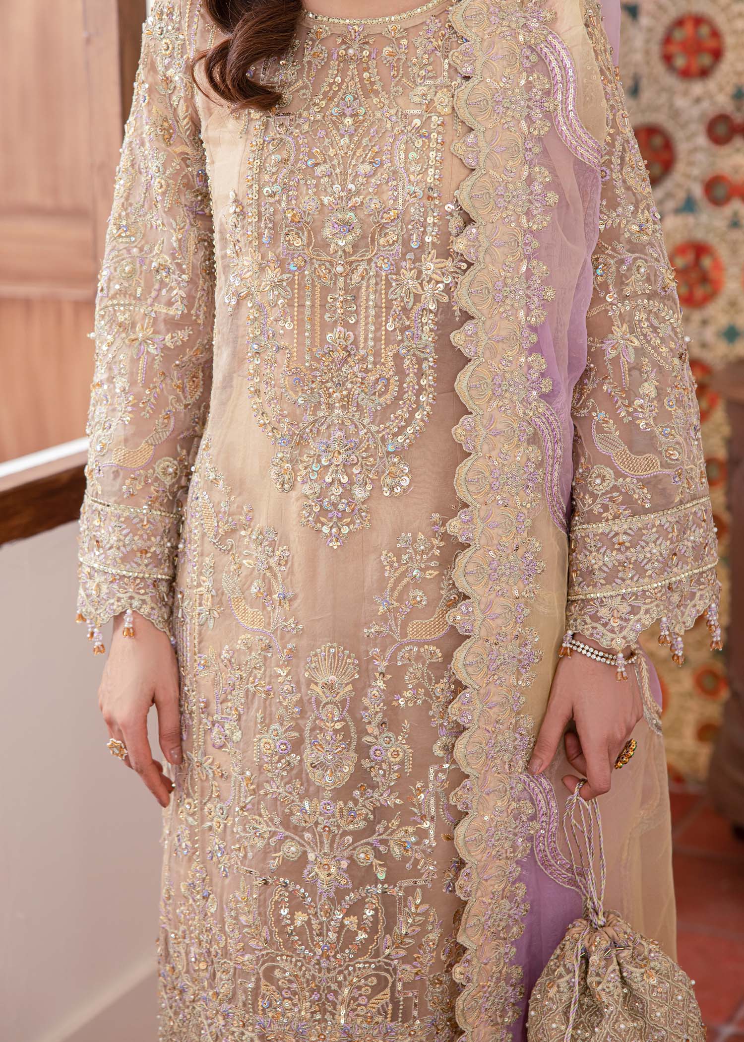 Kanwal Malik Nude shirt straight-cut with Flared Pants for Luxury Wedding wear - Pakistani Designer Wear for Women in UK | Kifat