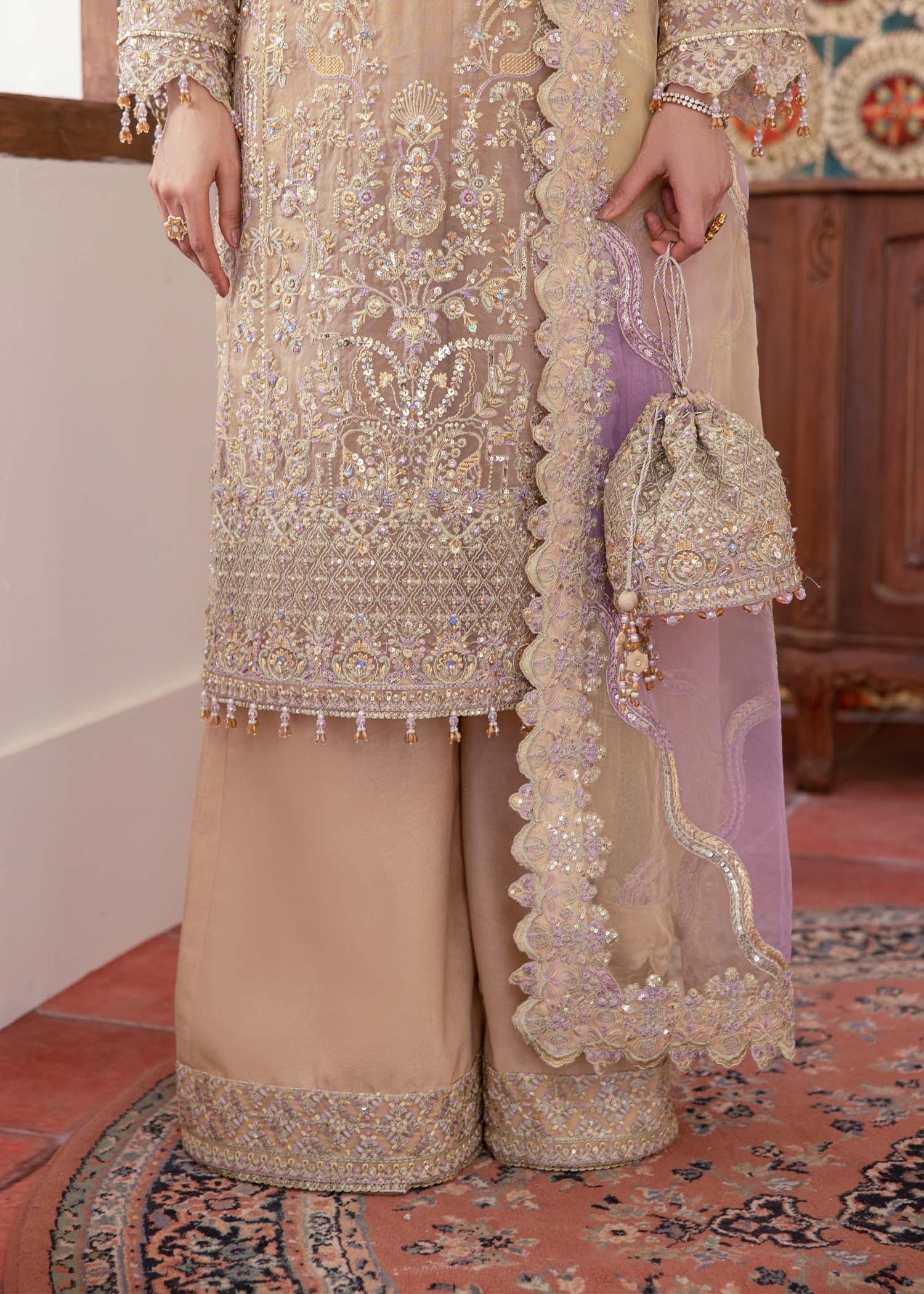 Kanwal Malik Nude shirt straight-cut with Flared Pants for Luxury Wedding wear - Pakistani Designer Wear for Women in UK | Kifat