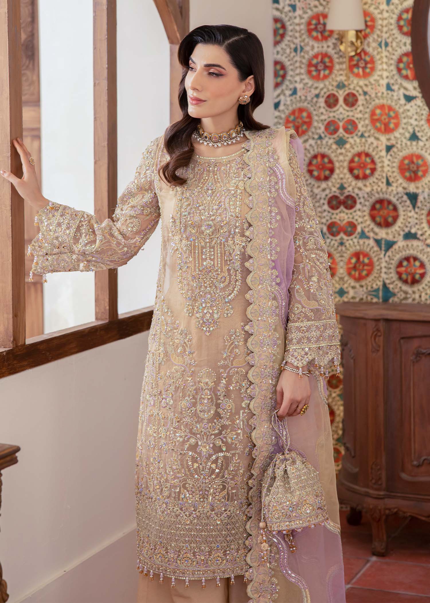 Kanwal Malik Nude shirt straight-cut with Flared Pants for Luxury Wedding wear - Pakistani Designer Wear for Women in UK | Kifat