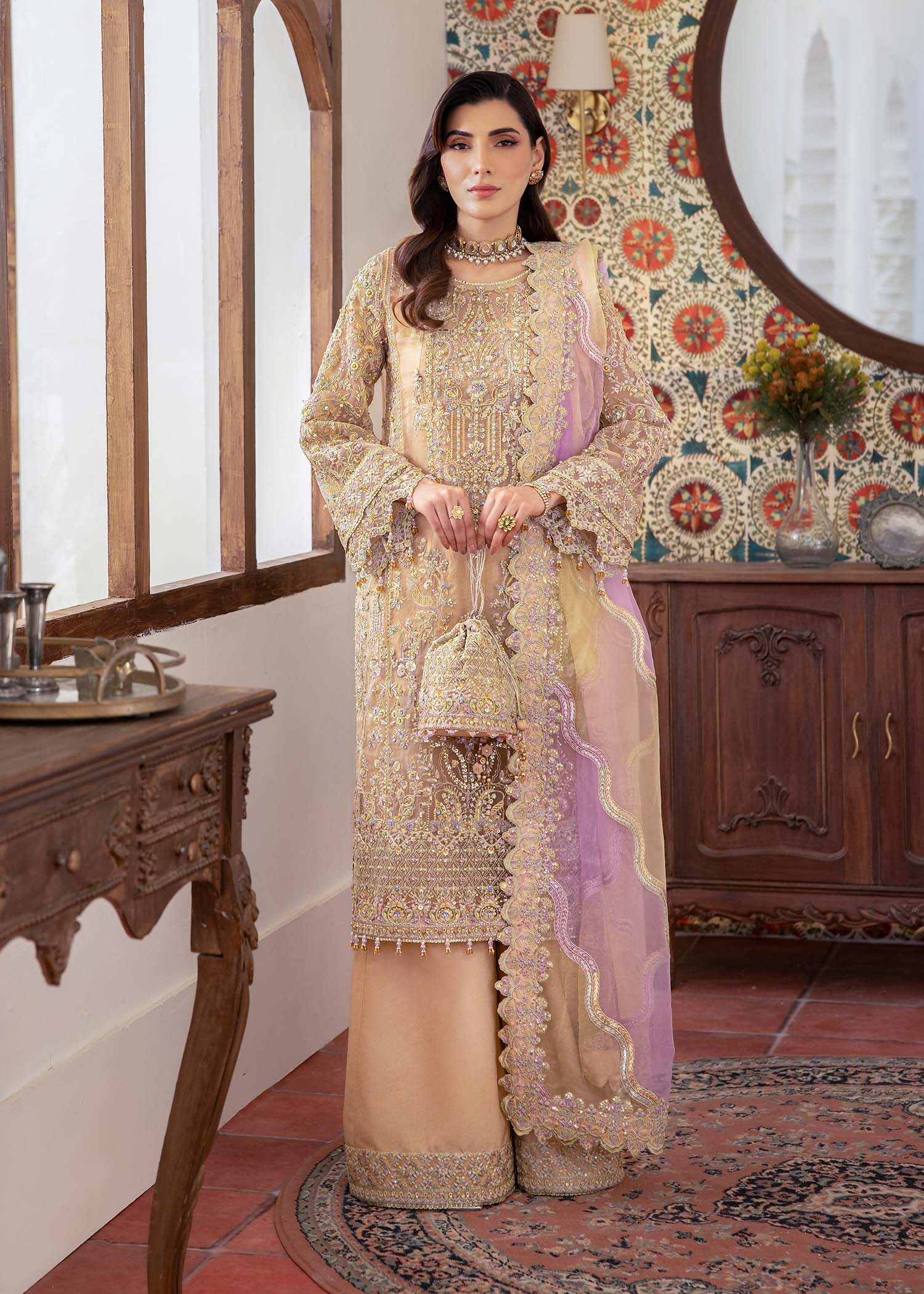 Kanwal Malik Nude shirt straight-cut with Flared Pants for Luxury Wedding wear - Pakistani Designer Wear for Women in UK | Kifat