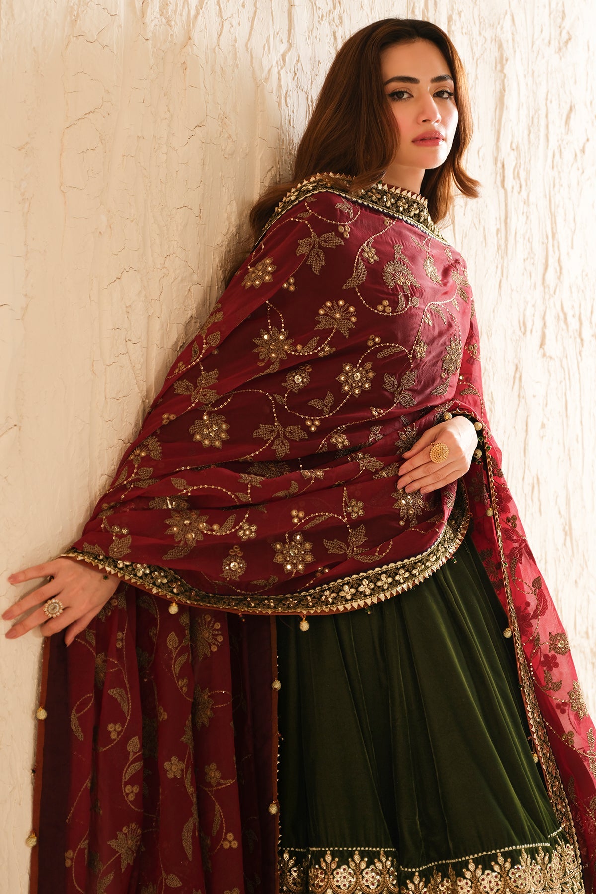 Women Wearing Embroidered Velvet Formal VF-2036 Mehndi Long Shirt with Sharara for Wedding Events - Pakistani Designer Wear for Women in UK | Kifat