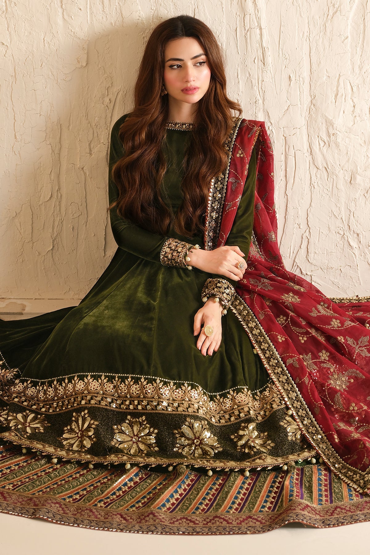 Women Wearing Embroidered Velvet Formal VF-2036 Mehndi Long Shirt with Sharara for Wedding Events - Pakistani Designer Wear for Women in UK | Kifat