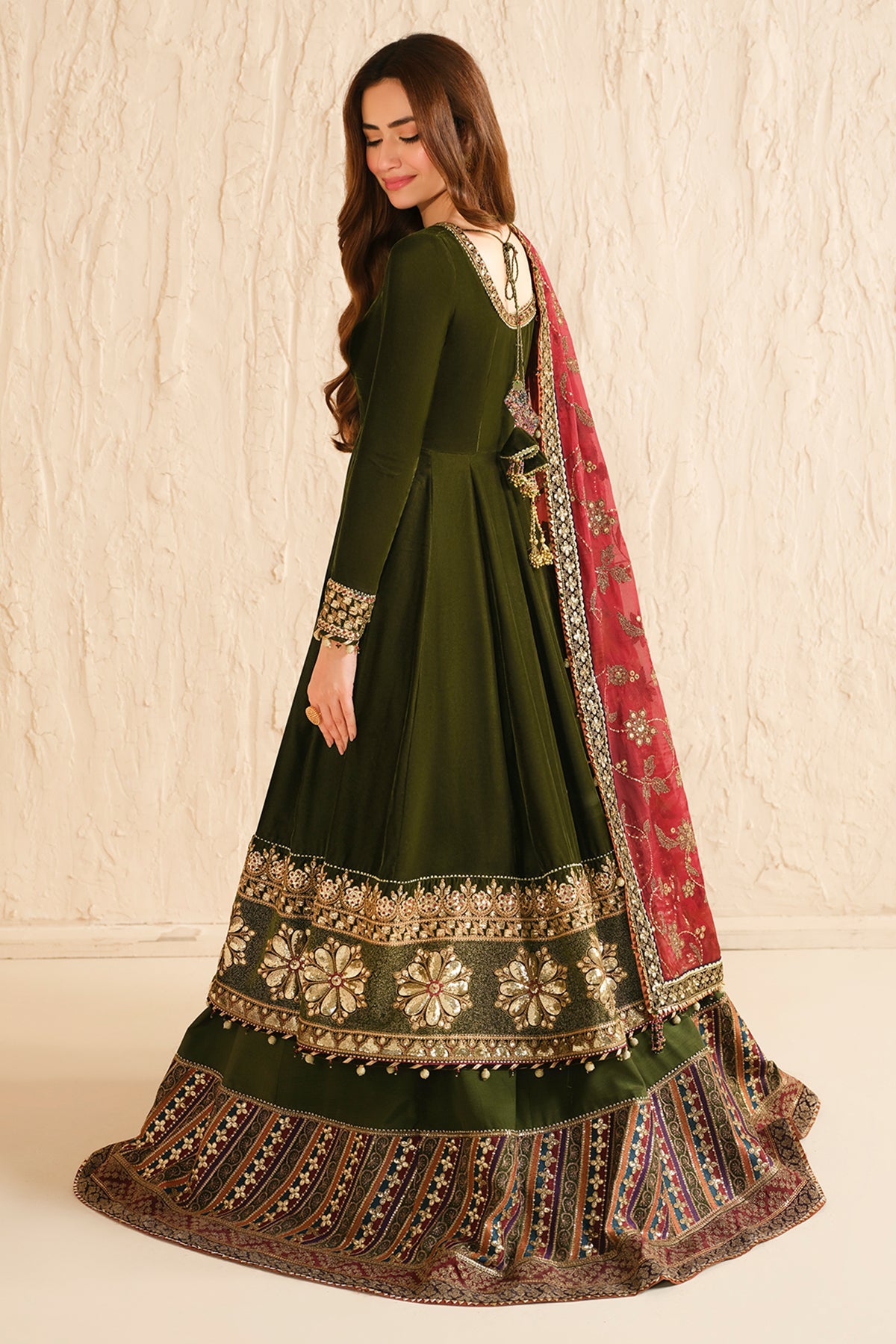 Women Wearing Embroidered Velvet Formal VF-2036 Mehndi Long Shirt with Sharara for Wedding Events - Pakistani Designer Wear for Women in UK | Kifat