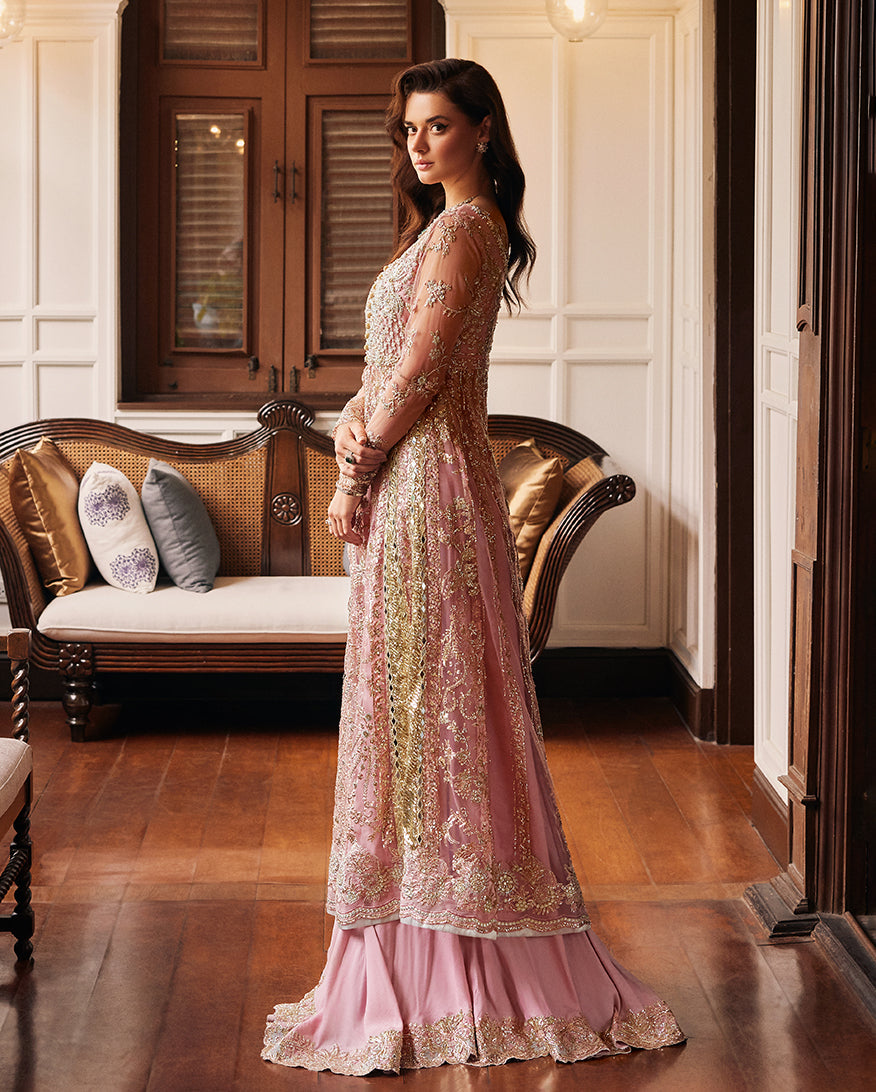 Women Wearing Luster Pink Front Open Shirt with Sharara for Wedding Events - Pakistani Designer Wear for Women in UK | Kifat