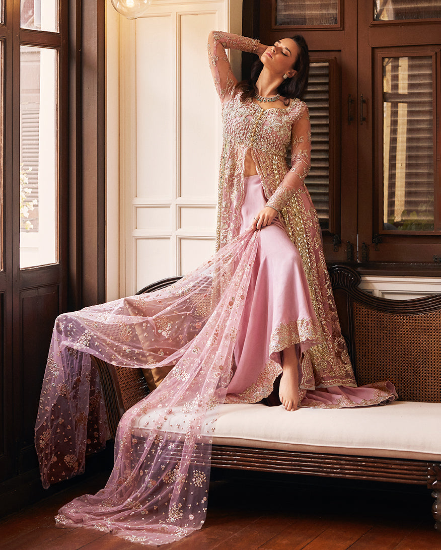 Women Wearing Luster Pink Front Open Shirt with Sharara for Wedding Events - Pakistani Designer Wear for Women in UK | Kifat