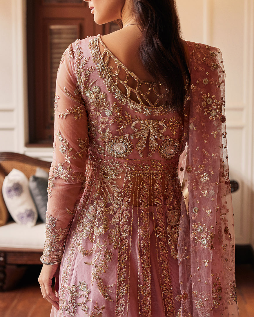 Women Wearing Luster Pink Front Open Shirt with Sharara for Wedding Events - Pakistani Designer Wear for Women in UK | Kifat