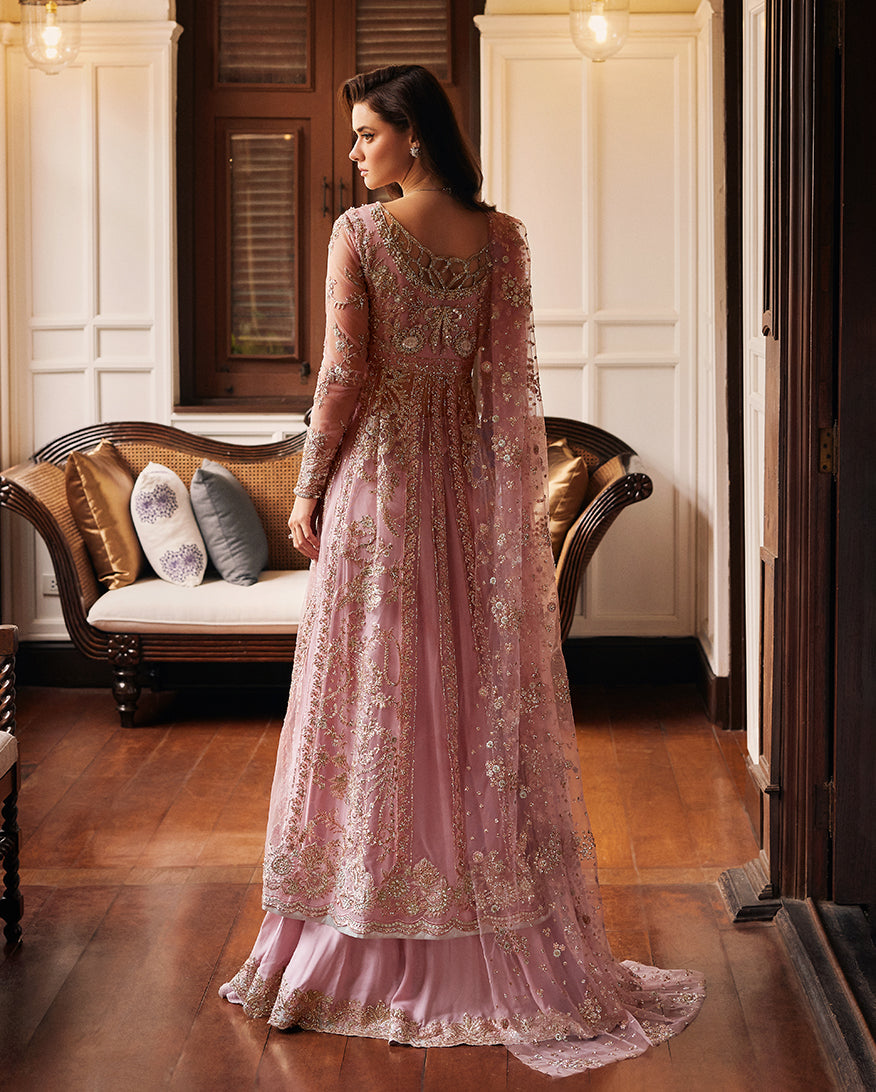 Women Wearing Luster Pink Front Open Shirt with Sharara for Wedding Events - Pakistani Designer Wear for Women in UK | Kifat