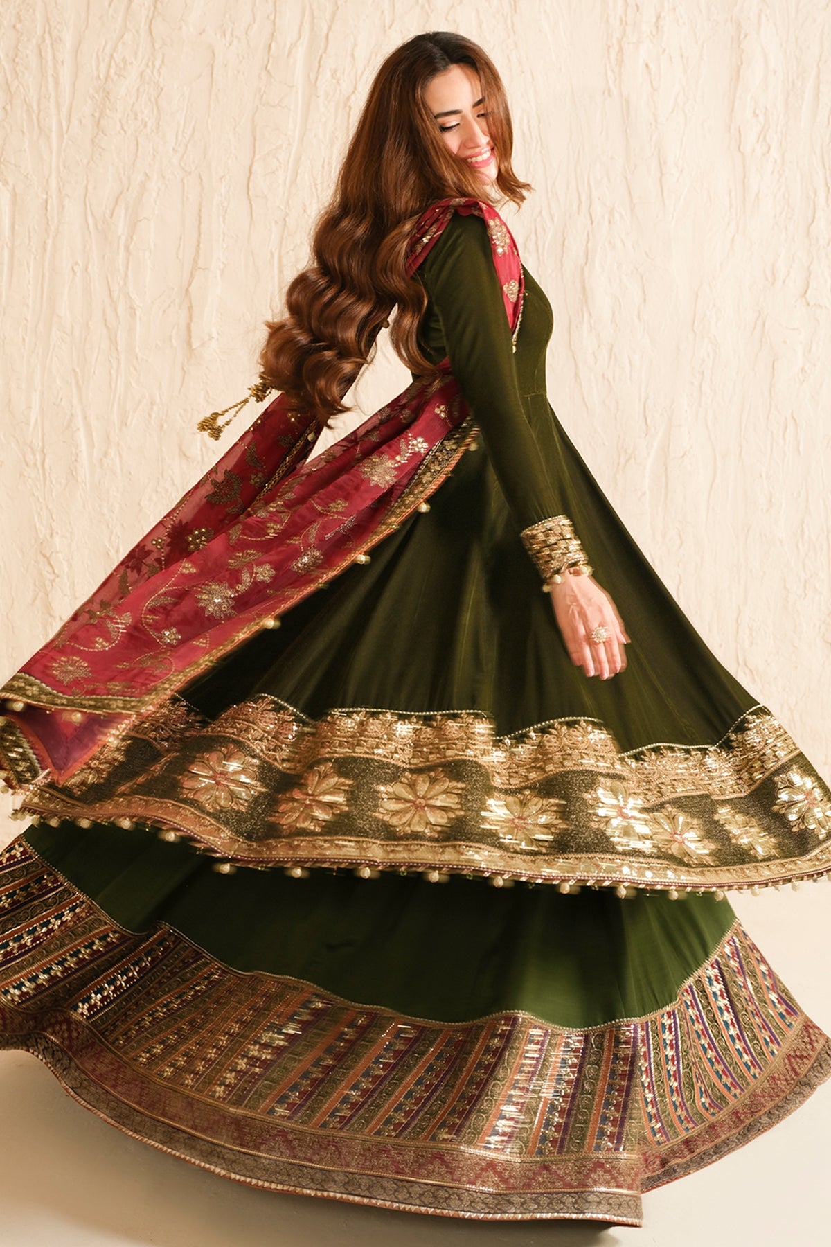 Women Wearing Embroidered Velvet Formal VF-2036 Mehndi Long Shirt with Sharara for Wedding Events - Pakistani Designer Wear for Women in UK | Kifat