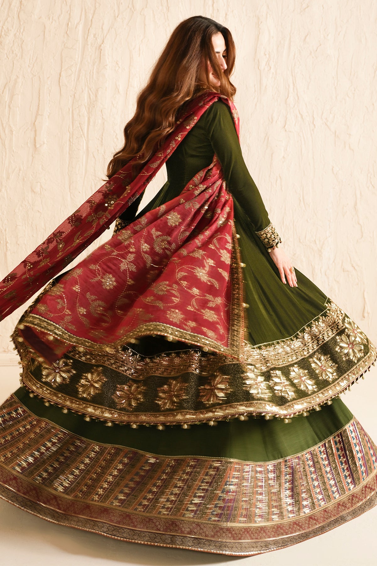 Women Wearing Embroidered Velvet Formal VF-2036 Mehndi Long Shirt with Sharara for Wedding Events - Pakistani Designer Wear for Women in UK | Kifat