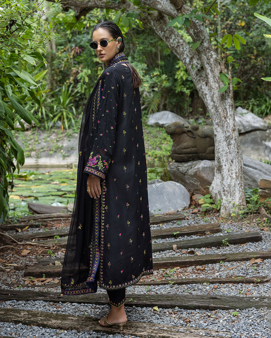 Women Wearing Onyxa Black Long Shirt for Festive Events - Pakistani Designer Wear for Women in UK | Kifat