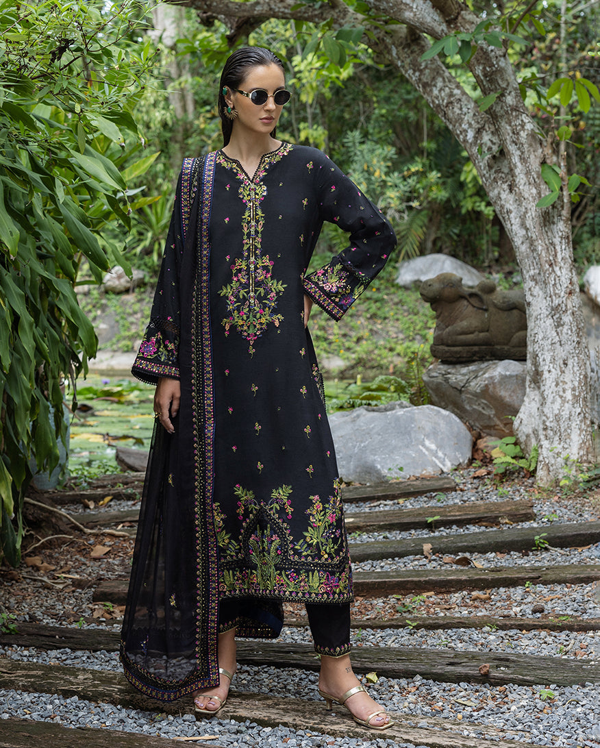 Women Wearing Onyxa Black Long Shirt for Festive Events - Pakistani Designer Wear for Women in UK | Kifat