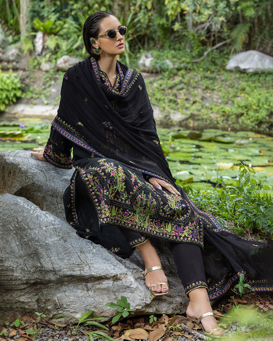 Women Wearing Onyxa Black Long Shirt for Festive Events - Pakistani Designer Wear for Women in UK | Kifat