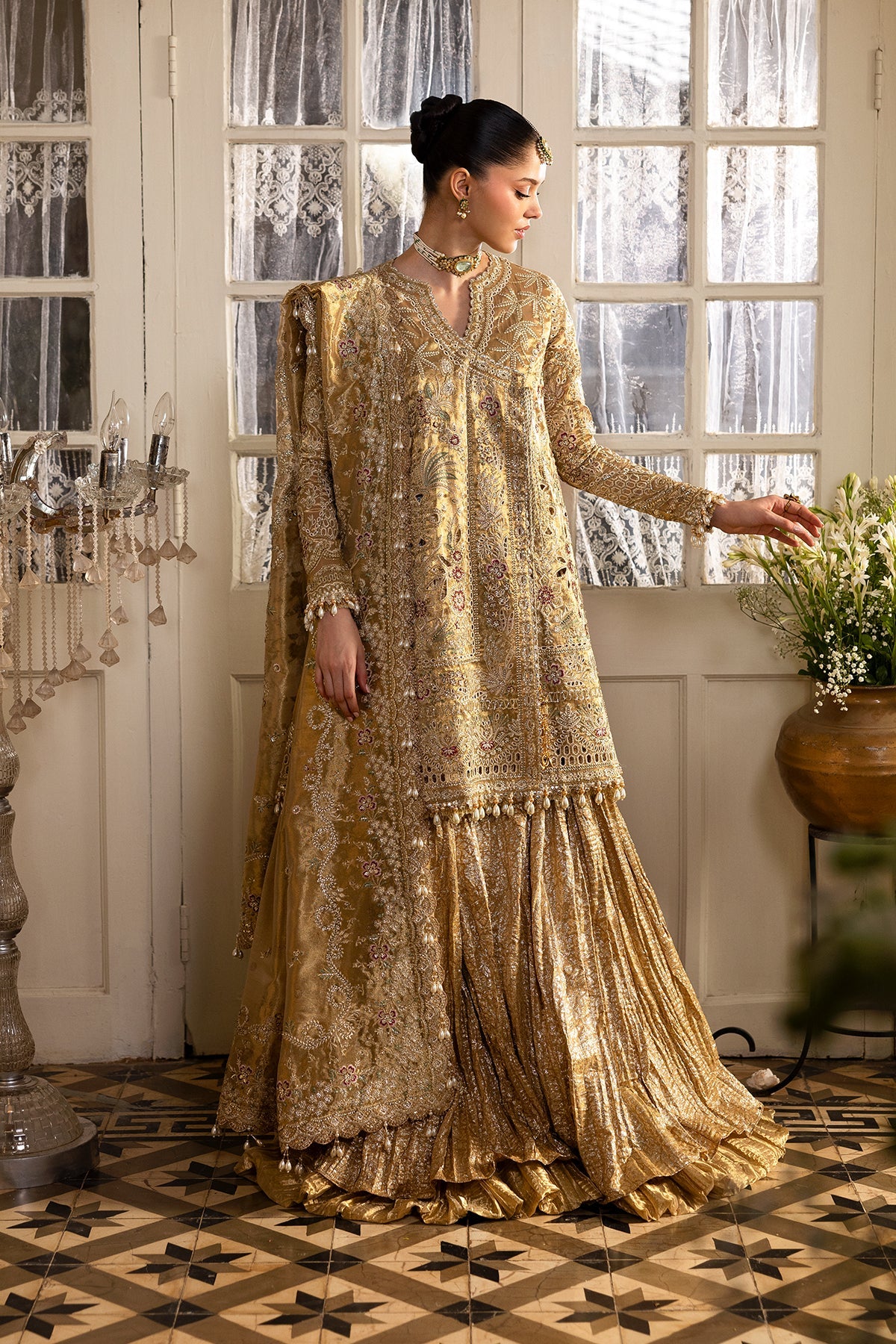 Women Wearing Goldveil Golden Shirt With Sharara  For Festive Events - Pakistani Designer Wear For Women In Uk | Kifat