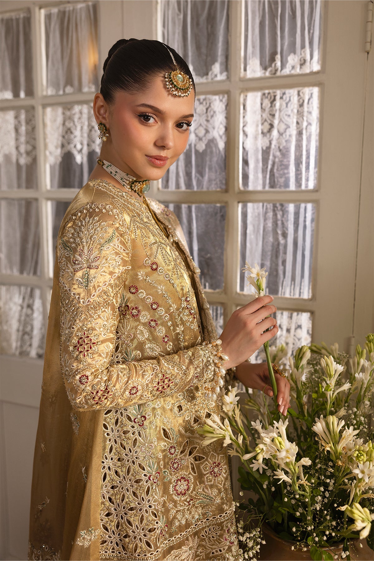 Women Wearing Goldveil Golden Shirt With Sharara  For Festive Events - Pakistani Designer Wear For Women In Uk | Kifat