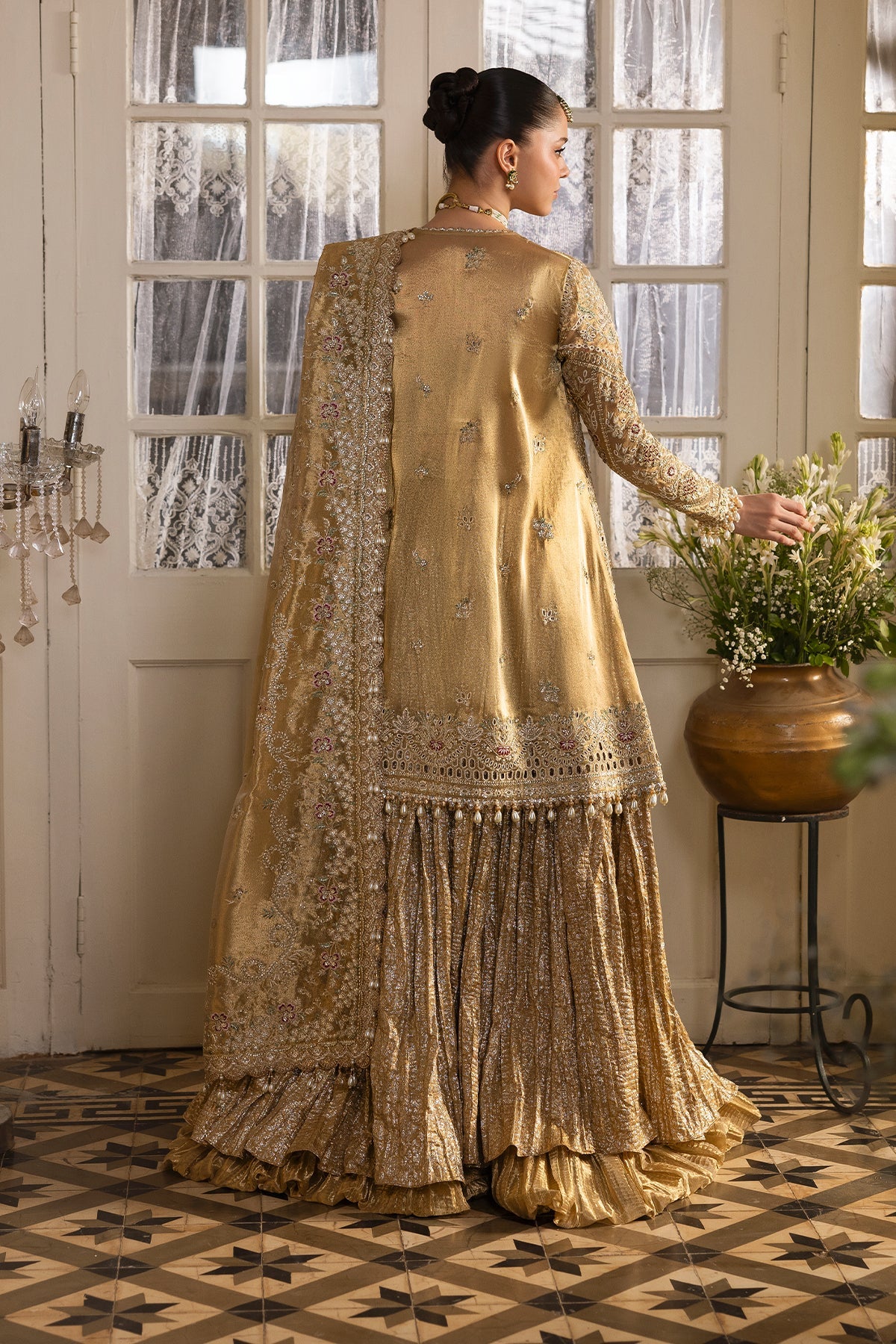Women Wearing Goldveil Golden Shirt With Sharara  For Festive Events - Pakistani Designer Wear For Women In Uk | Kifat