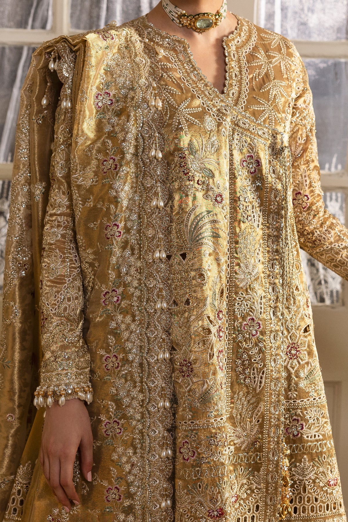 Women Wearing Goldveil Golden Shirt With Sharara  For Festive Events - Pakistani Designer Wear For Women In Uk | Kifat