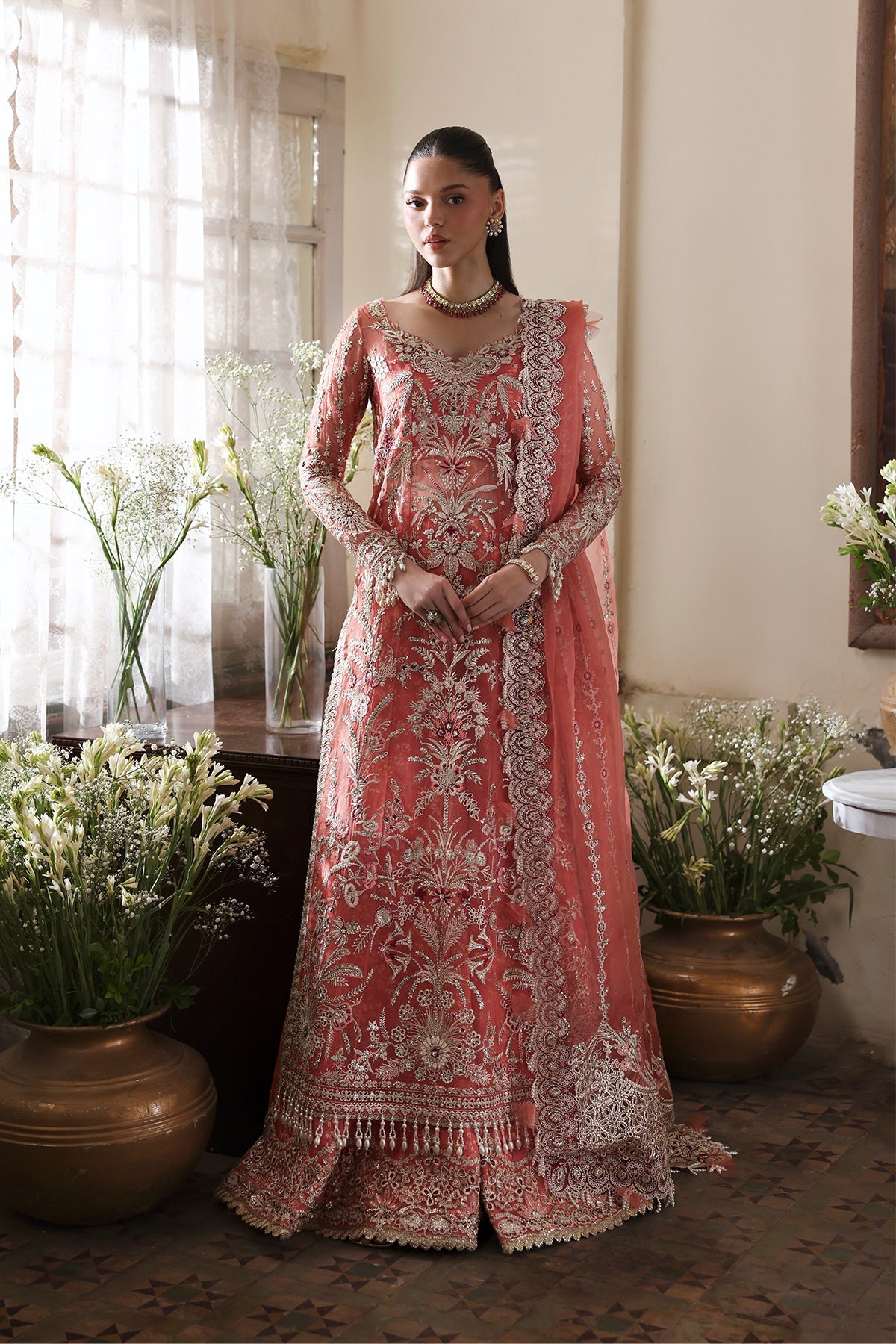 Women Wearing Serenight Coral Long Shirt  For Festive Events - Pakistani Designer Wear For Women In Uk | Kifat