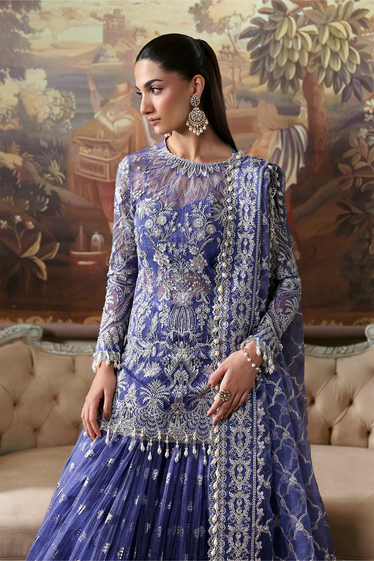 Women Wearing Bloomveil Blue Short Shirt With Sharara  For Festive Events - Pakistani Designer Wear For Women In Uk | Kifat