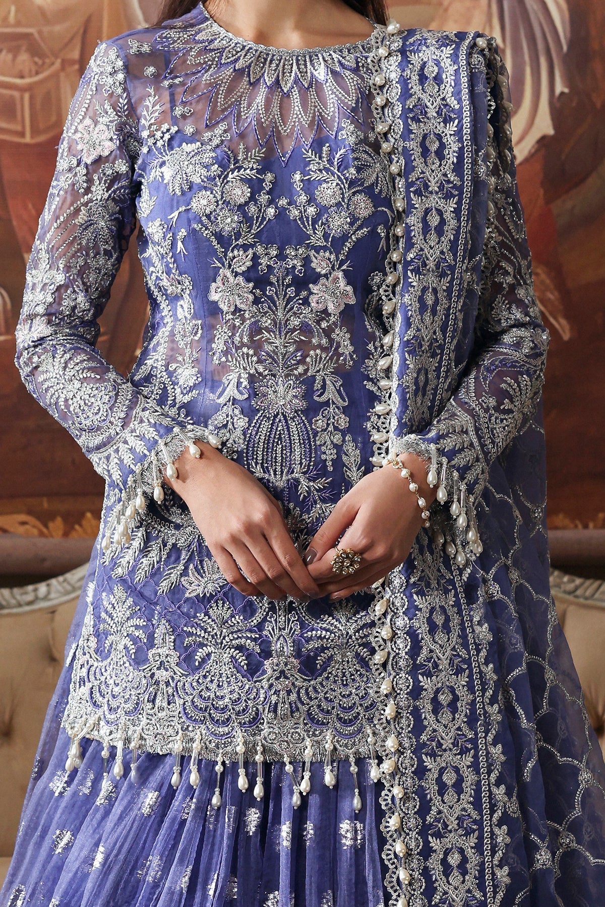 Women Wearing Bloomveil Blue Short Shirt With Sharara  For Festive Events - Pakistani Designer Wear For Women In Uk | Kifat