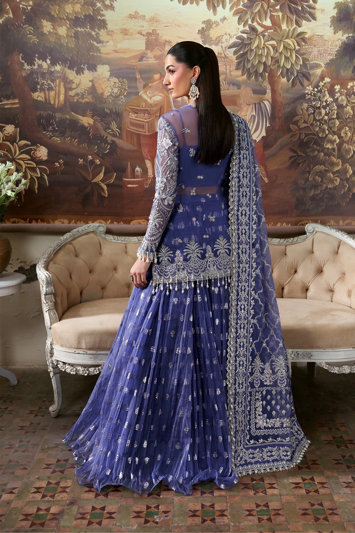 Women Wearing Bloomveil Blue Short Shirt With Sharara  For Festive Events - Pakistani Designer Wear For Women In Uk | Kifat