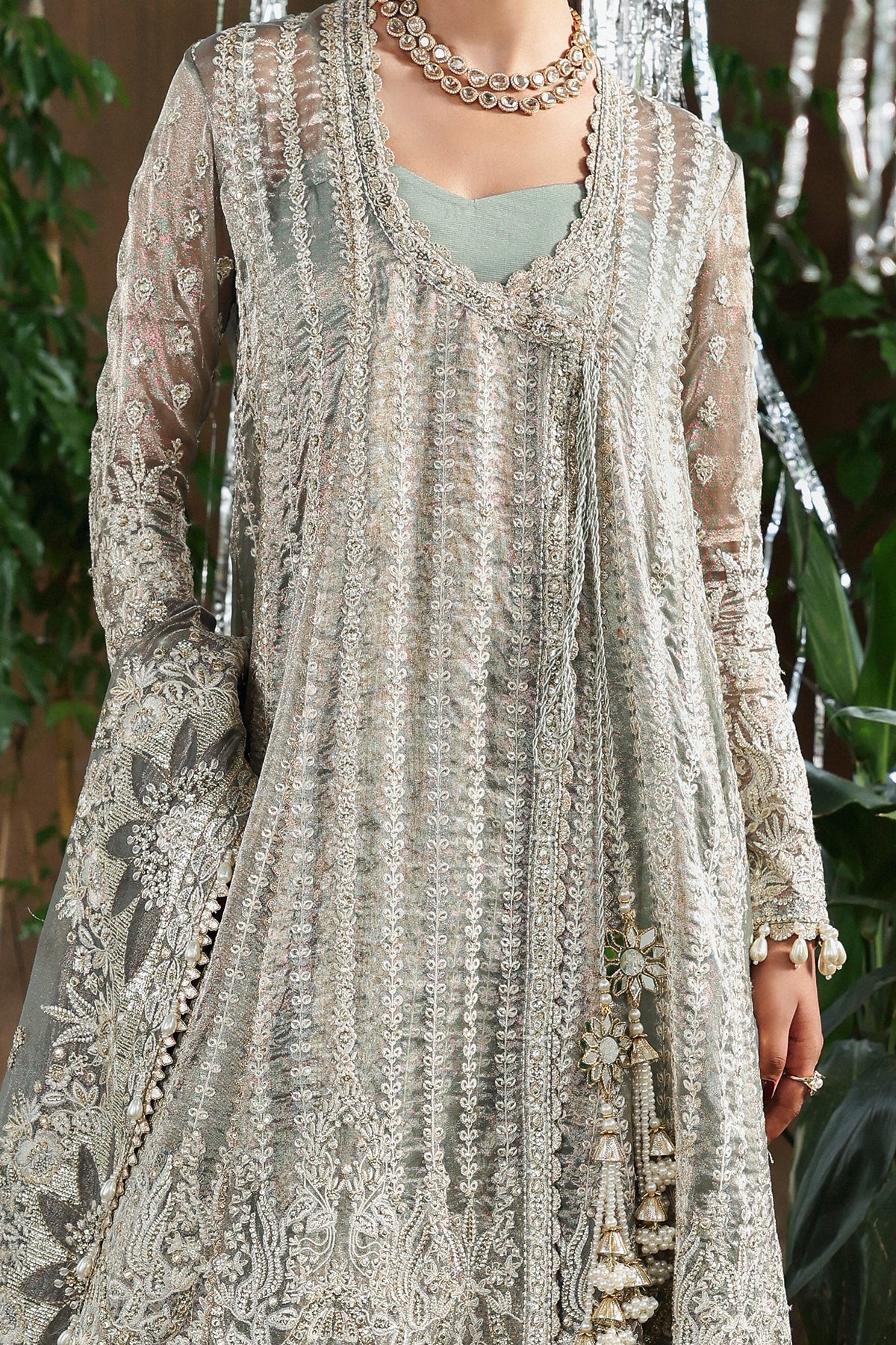 Women Wearing Candlenight Dusty Grey Peshwas  For Festive Events - Pakistani Designer Wear For Women In Uk | Kifat