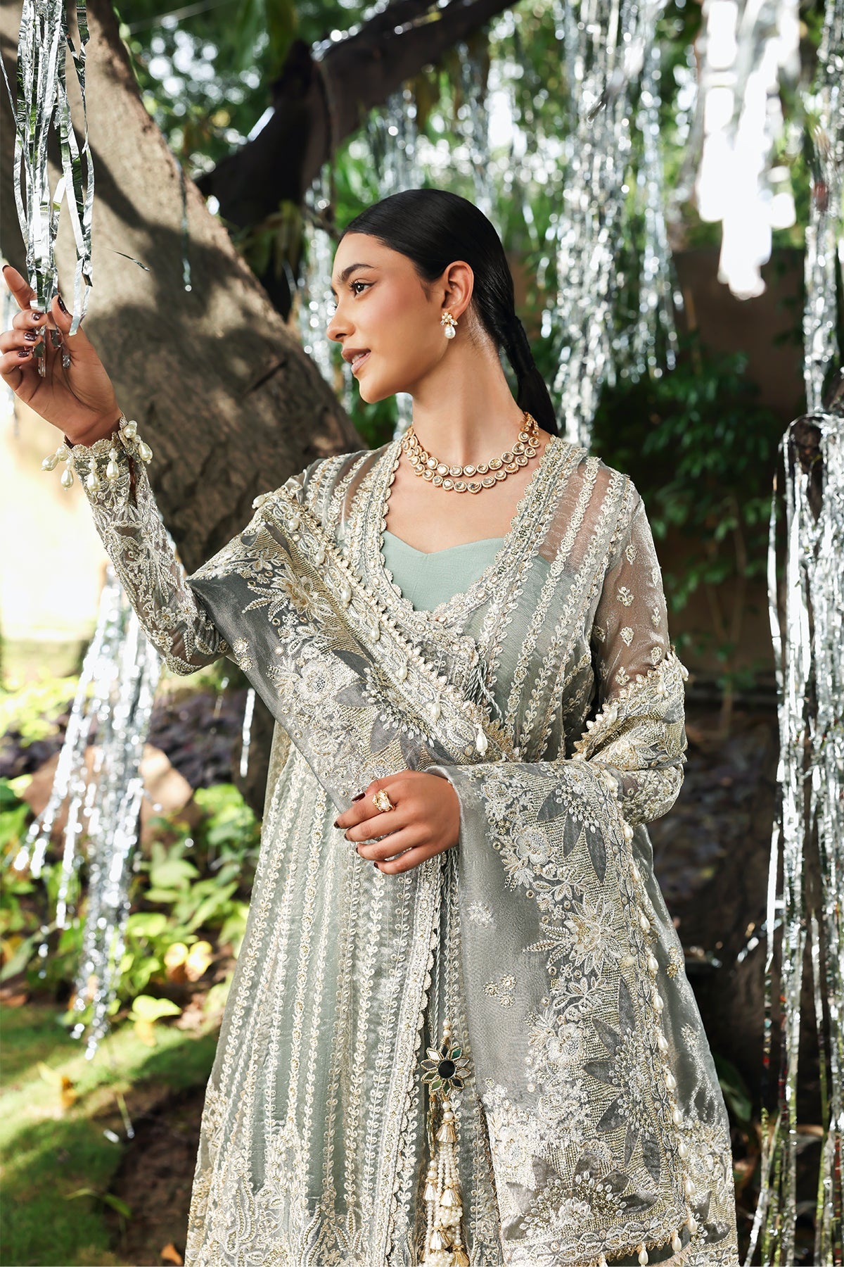 Women Wearing Candlenight Dusty Grey Peshwas  For Festive Events - Pakistani Designer Wear For Women In Uk | Kifat