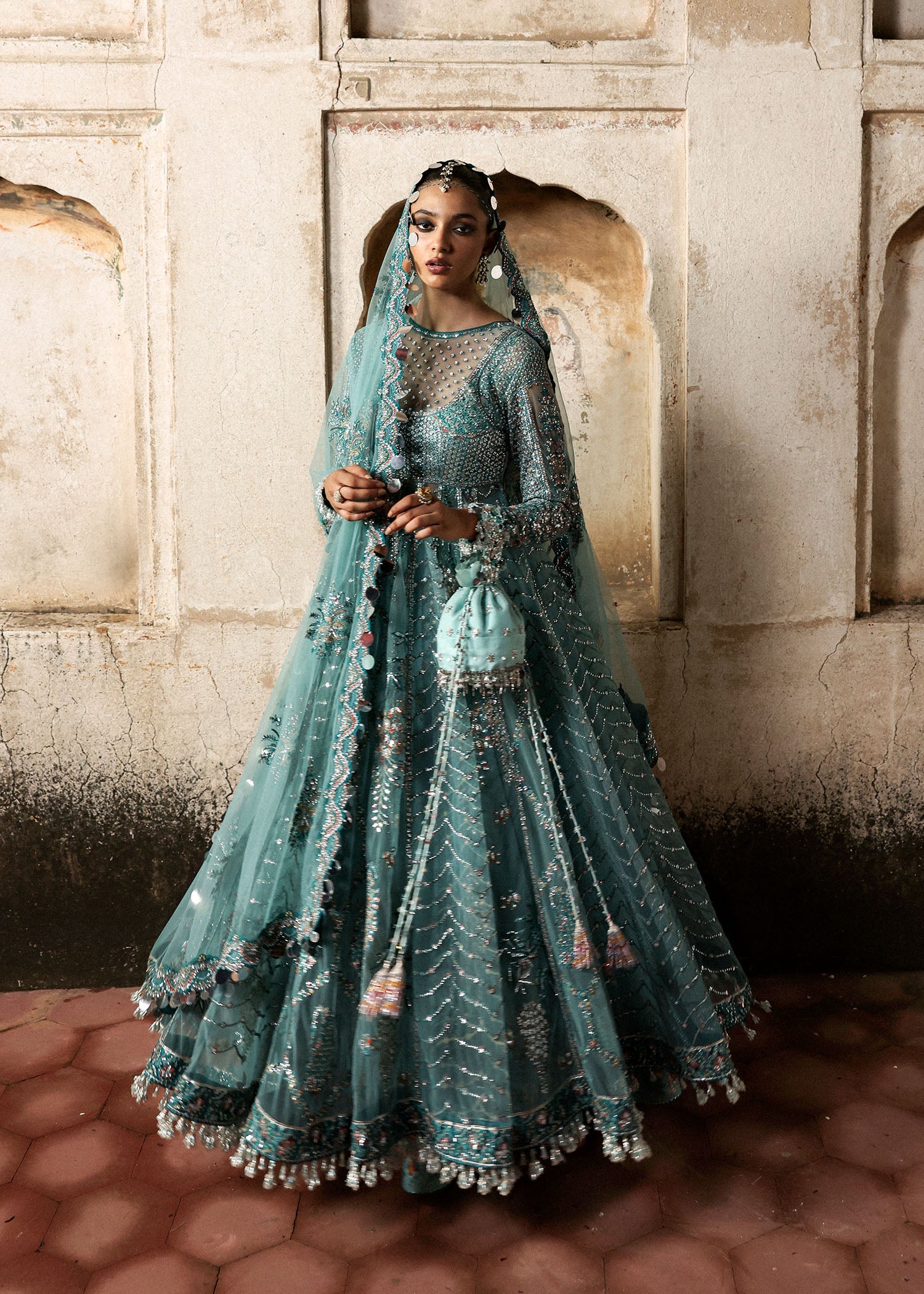 Women wearing Hussain Rehar nagma Ice Blue Pishwas with Lehnga for Wedding wear, Guest of Wedding - Pakistani Designer Wear for Women in UK | Kifat