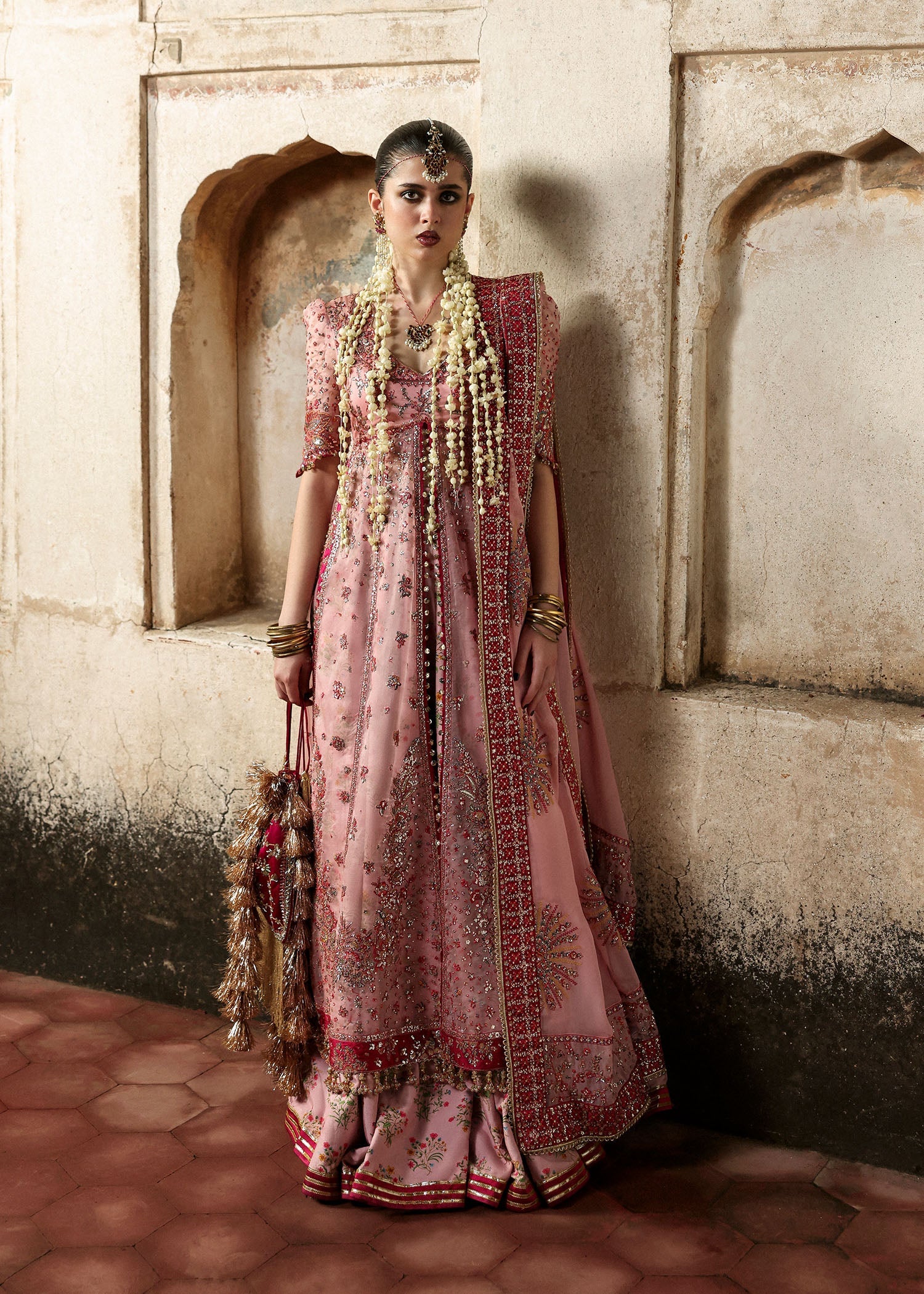 Women wearing Hussain Rehar roshanara Rose Pink front open pishwas with lehnga for Wedding wear, Guest of Wedding - Pakistani Designer Wear for Women in UK | Kifat