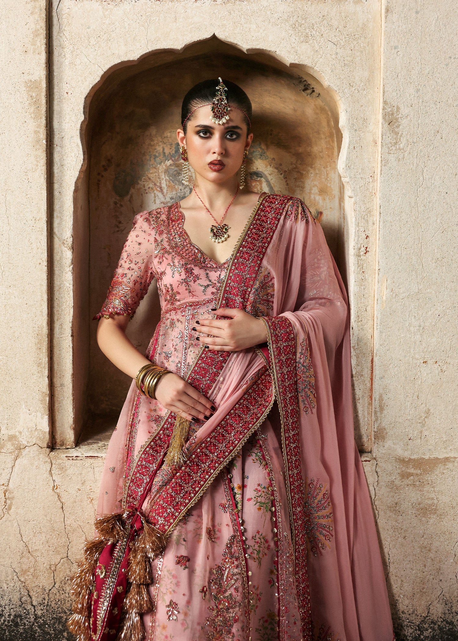 Women wearing Hussain Rehar roshanara Rose Pink front open pishwas with lehnga for Wedding wear, Guest of Wedding - Pakistani Designer Wear for Women in UK | Kifat