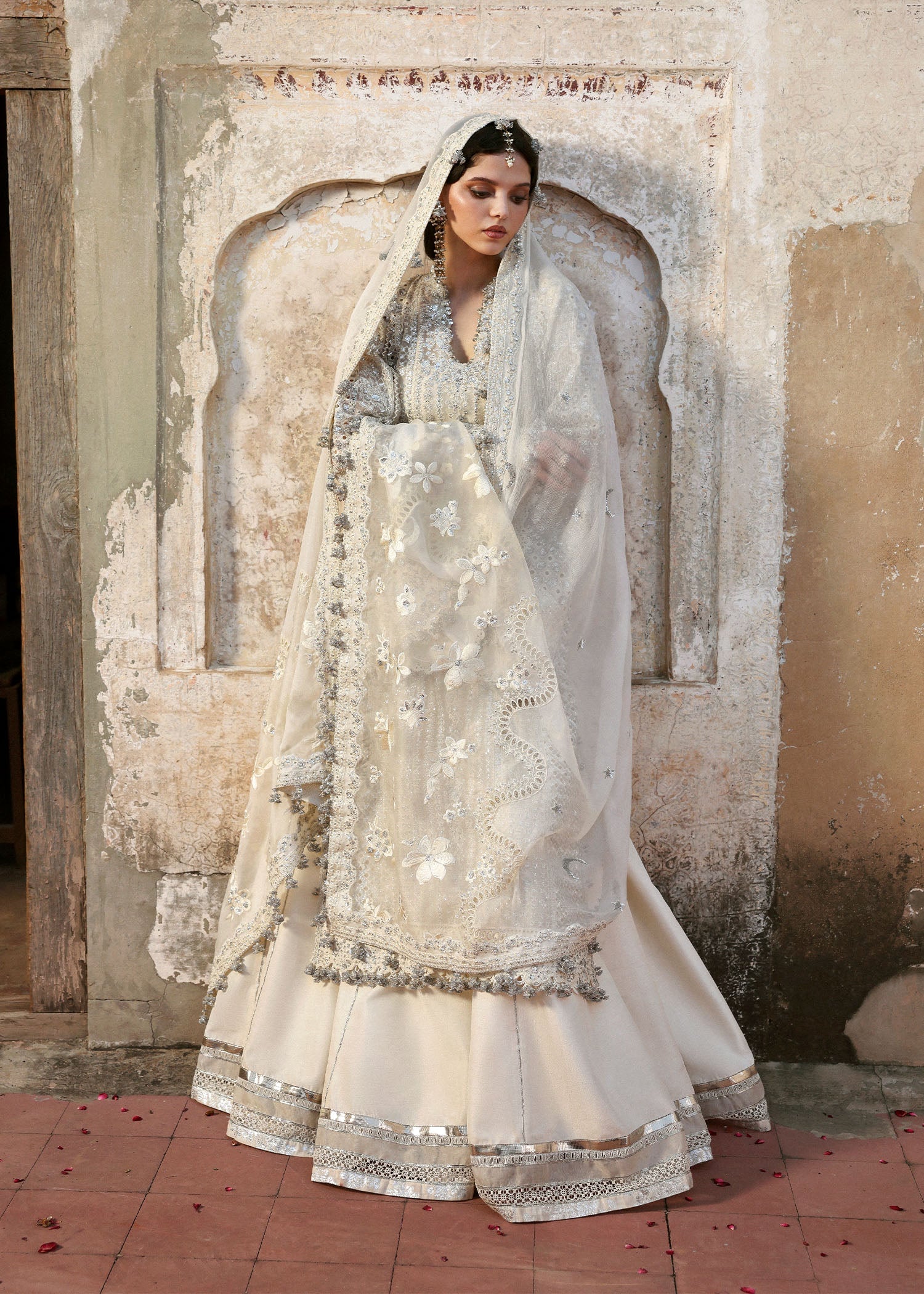 Women wearing Hussain Rehar sitara Ivory shirt with organza for Wedding wear, Guest of Wedding - Pakistani Designer Wear for Women in UK | Kifat