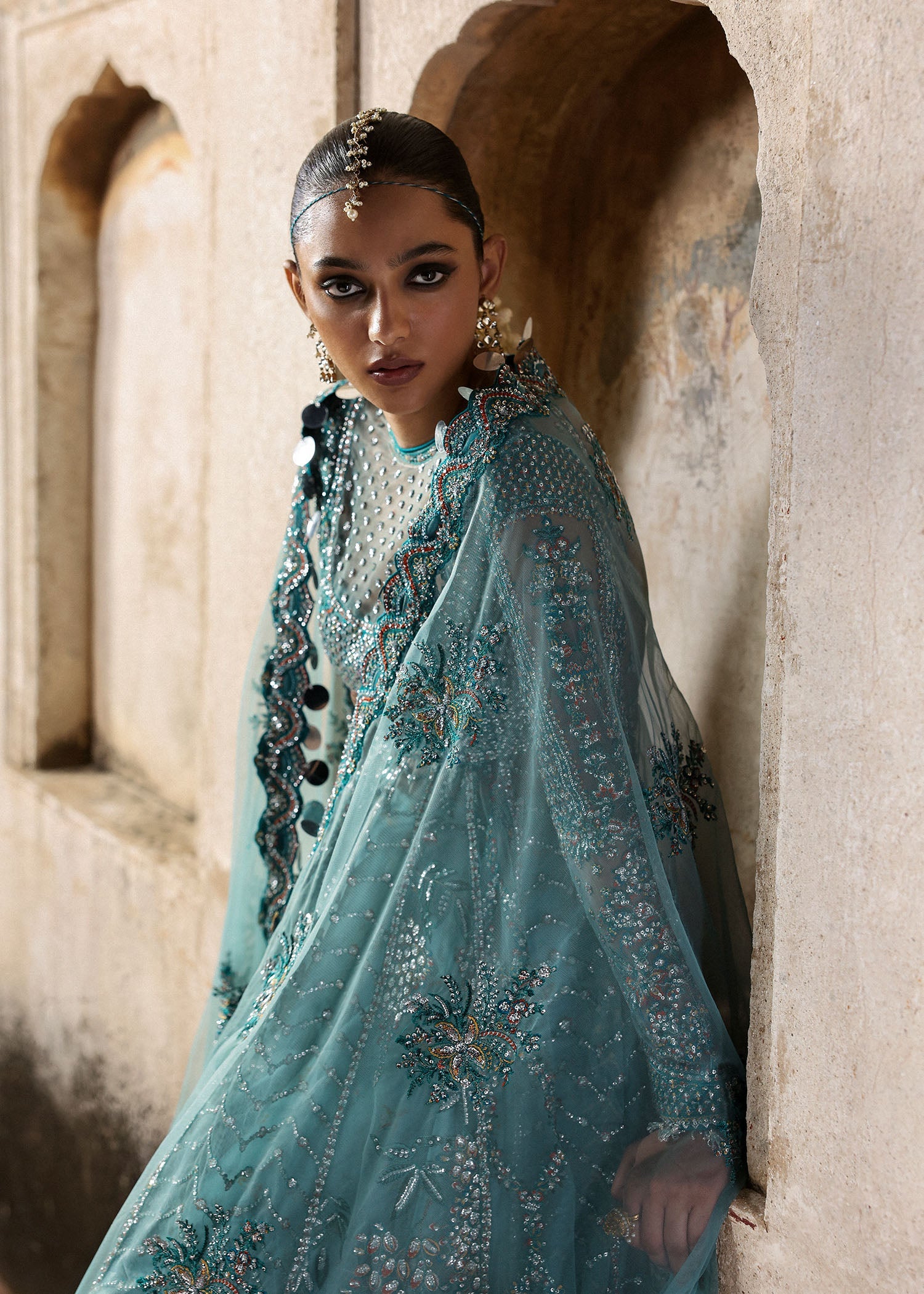 Women wearing Hussain Rehar nagma Ice Blue Pishwas with Lehnga for Wedding wear, Guest of Wedding - Pakistani Designer Wear for Women in UK | Kifat