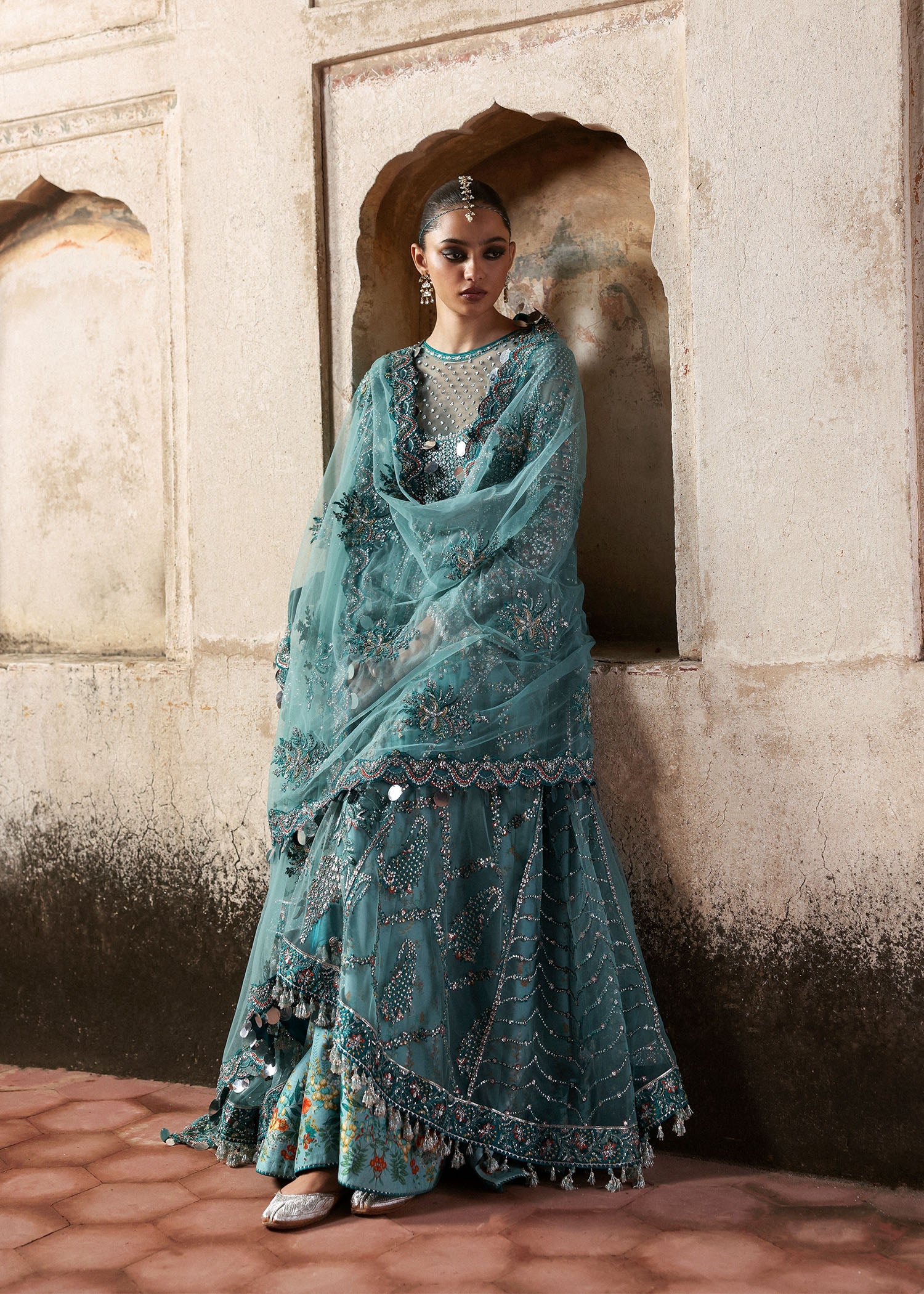 Women wearing Hussain Rehar nagma Ice Blue Pishwas with Lehnga for Wedding wear, Guest of Wedding - Pakistani Designer Wear for Women in UK | Kifat
