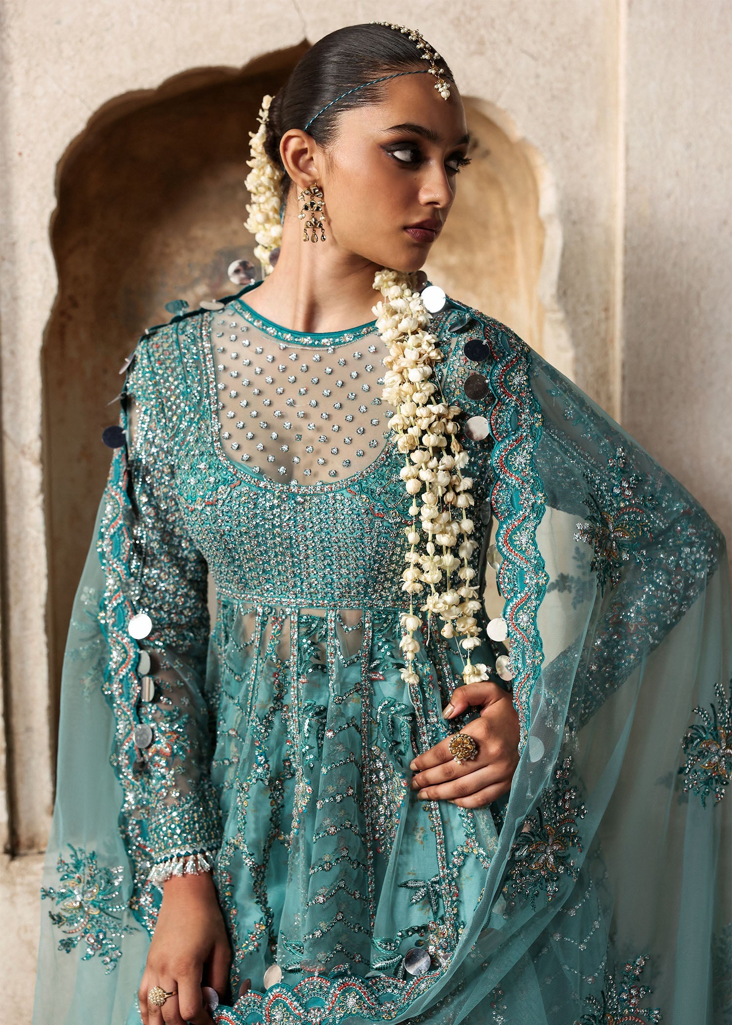 Women wearing Hussain Rehar nagma Ice Blue Pishwas with Lehnga for Wedding wear, Guest of Wedding - Pakistani Designer Wear for Women in UK | Kifat