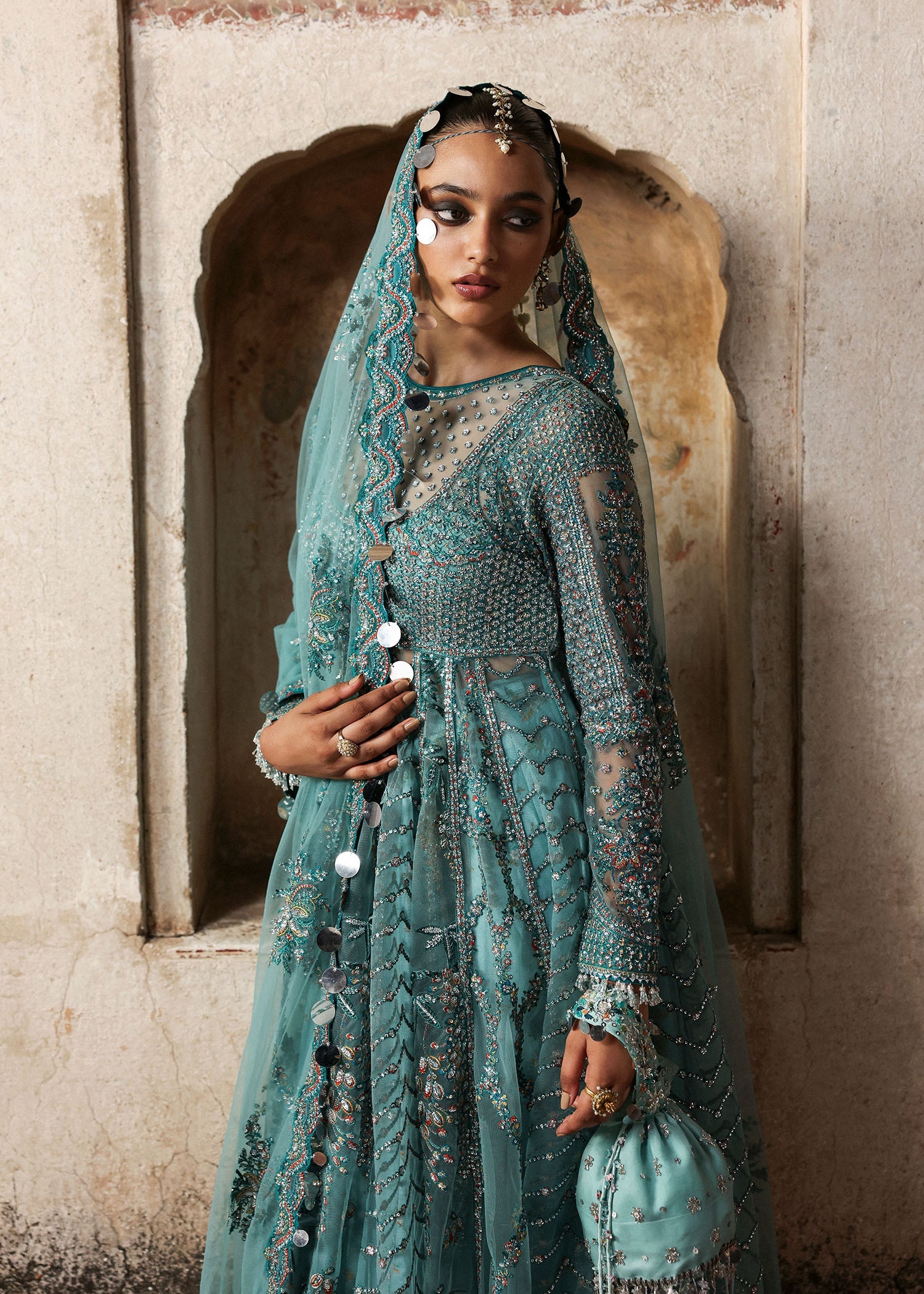 Women wearing Hussain Rehar nagma Ice Blue Pishwas with Lehnga for Wedding wear, Guest of Wedding - Pakistani Designer Wear for Women in UK | Kifat