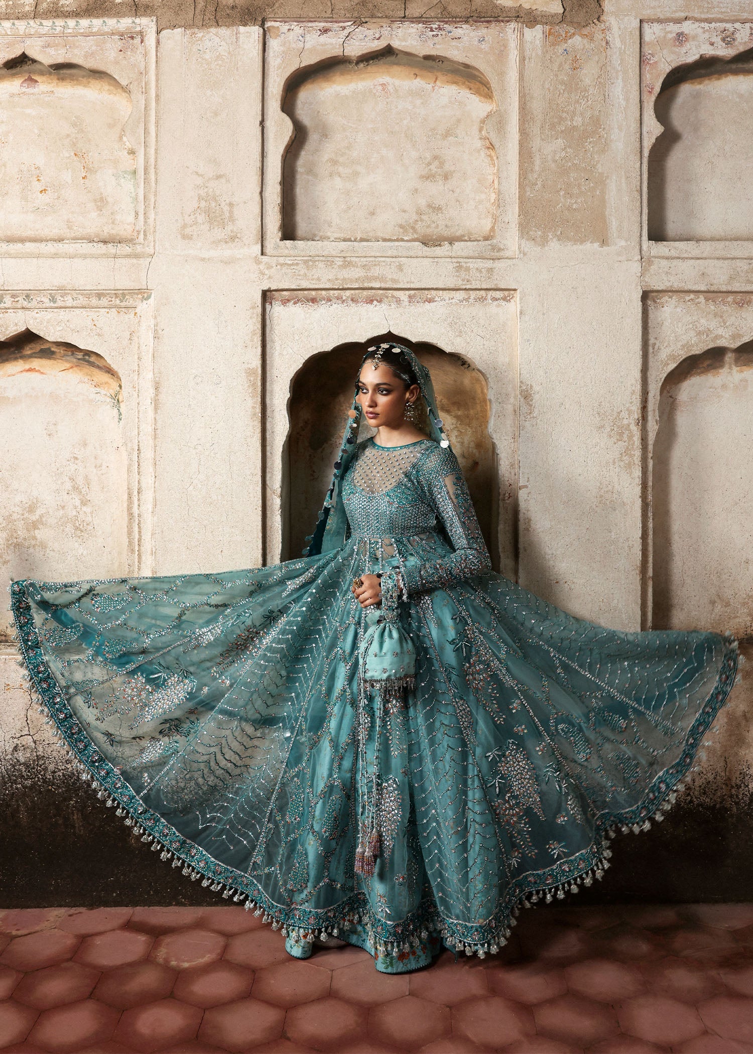 Women wearing Hussain Rehar nagma Ice Blue Pishwas with Lehnga for Wedding wear, Guest of Wedding - Pakistani Designer Wear for Women in UK | Kifat