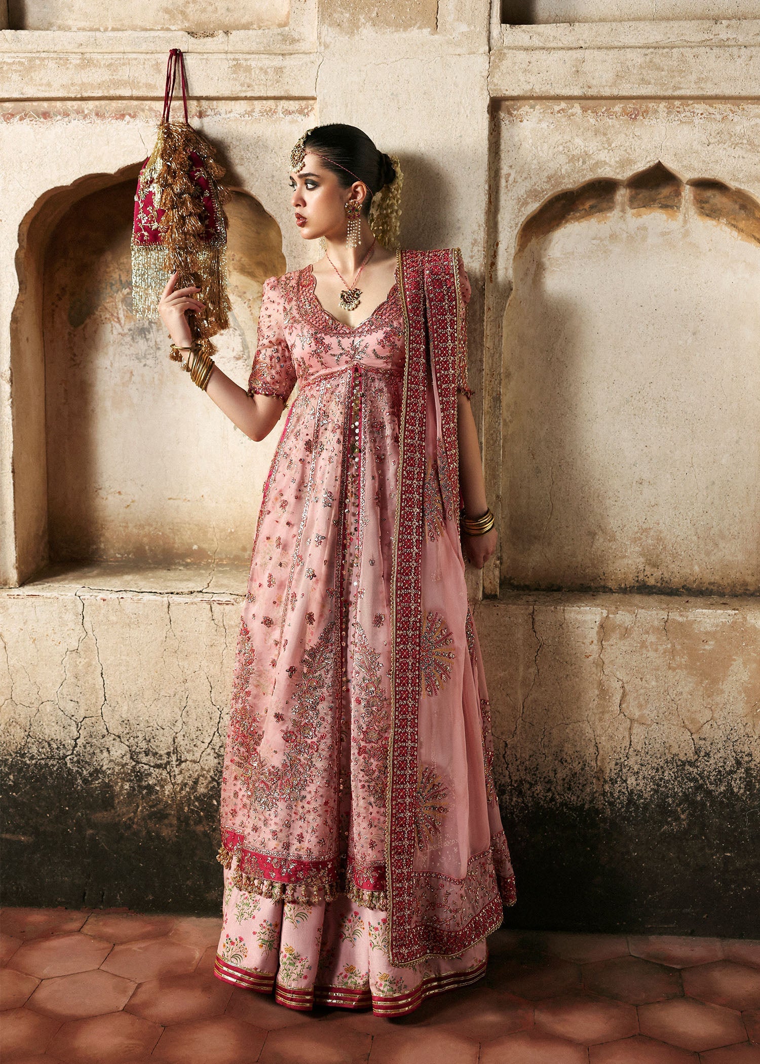 Women wearing Hussain Rehar roshanara Rose Pink front open pishwas with lehnga for Wedding wear, Guest of Wedding - Pakistani Designer Wear for Women in UK | Kifat