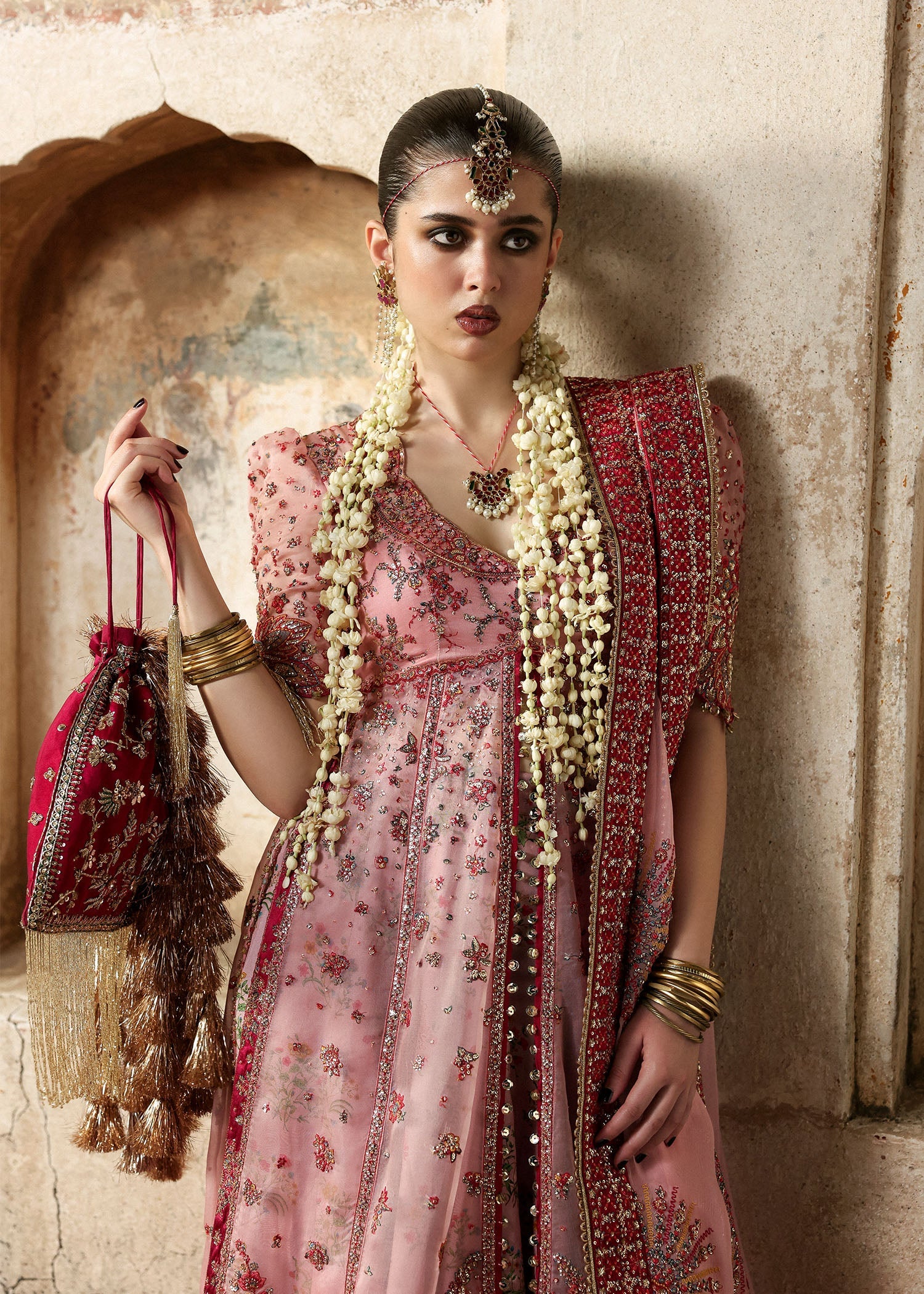 Women wearing Hussain Rehar roshanara Rose Pink front open pishwas with lehnga for Wedding wear, Guest of Wedding - Pakistani Designer Wear for Women in UK | Kifat
