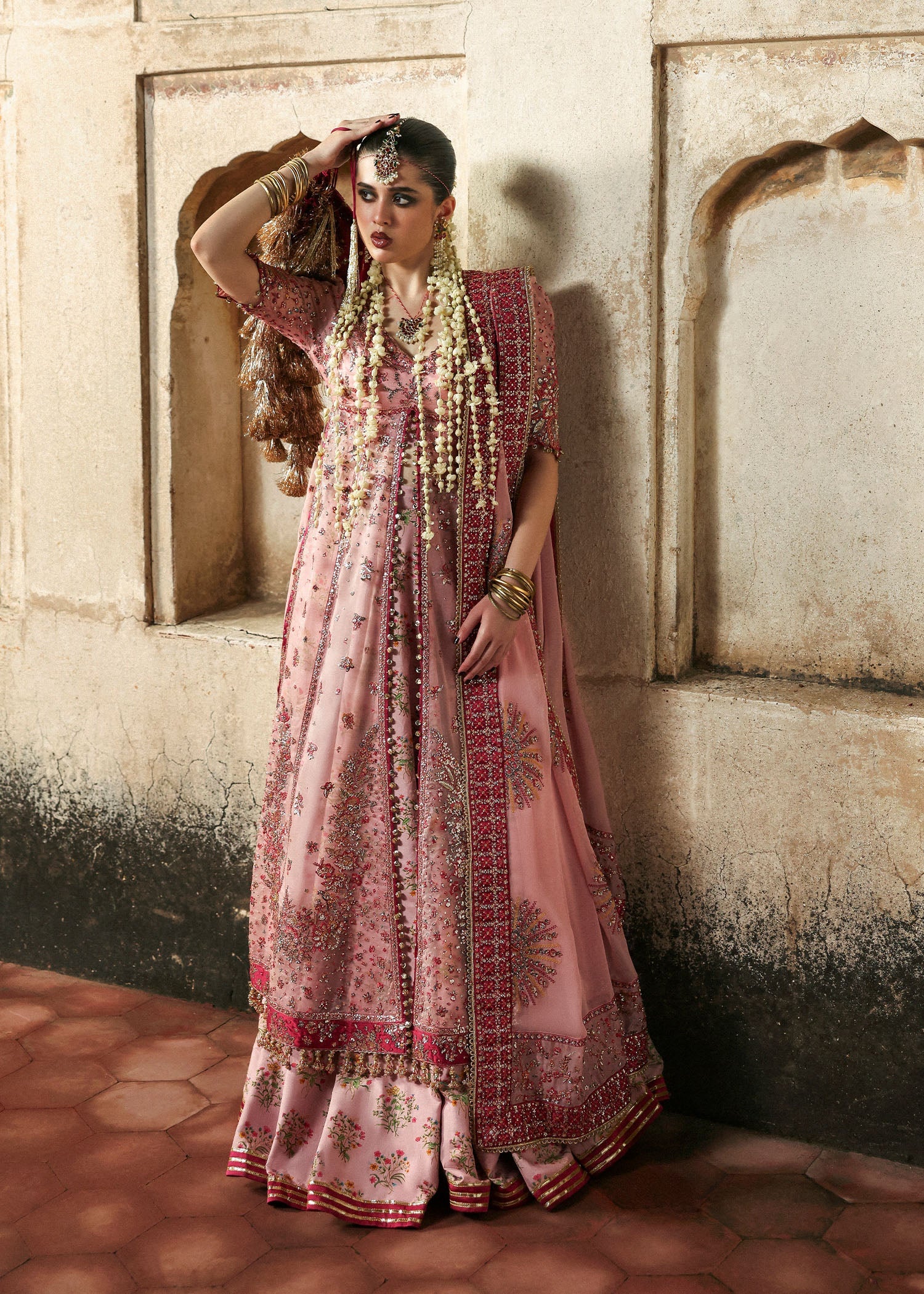 Women wearing Hussain Rehar roshanara Rose Pink front open pishwas with lehnga for Wedding wear, Guest of Wedding - Pakistani Designer Wear for Women in UK | Kifat
