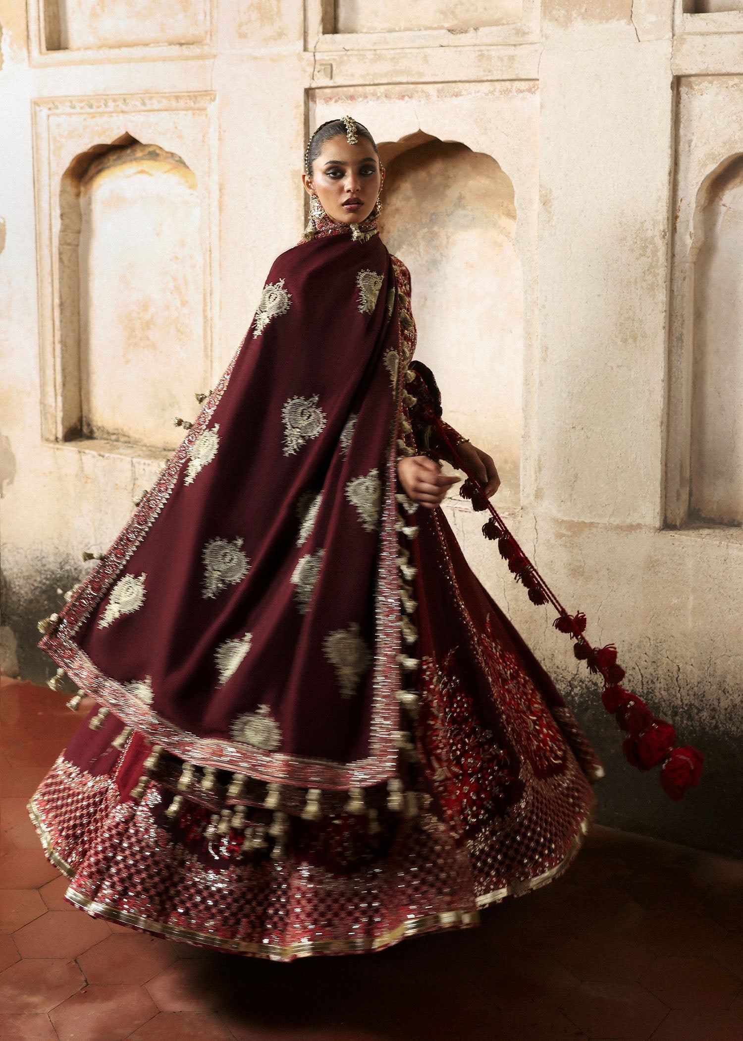 Women wearing Hussain Rehar gulnar Burgendy and Maroon Pishwas with churidar for Wedding wear, Guest of Wedding - Pakistani Designer Wear for Women in UK | Kifat