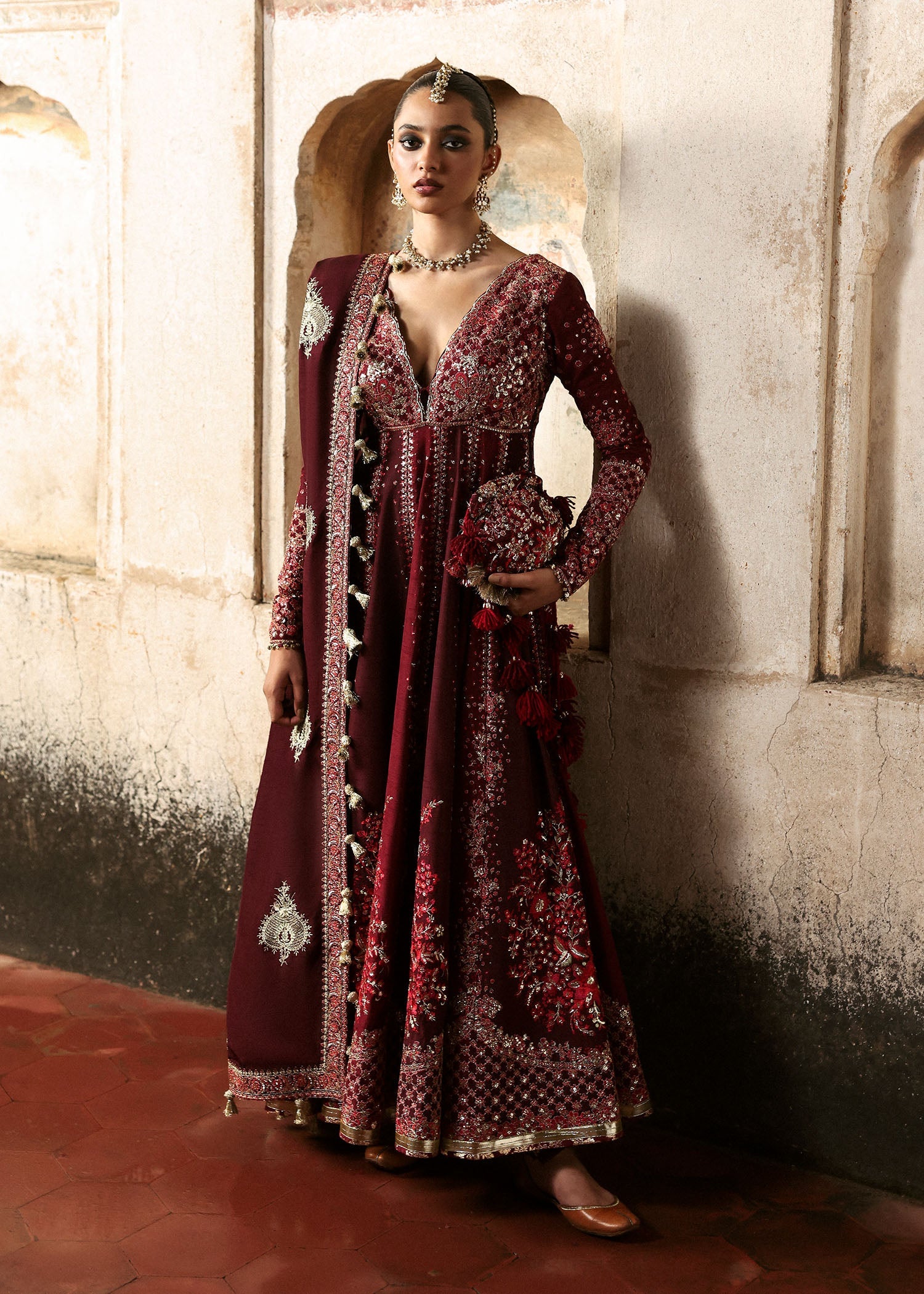 Women wearing Hussain Rehar gulnar Burgendy and Maroon Pishwas with churidar for Wedding wear, Guest of Wedding - Pakistani Designer Wear for Women in UK | Kifat