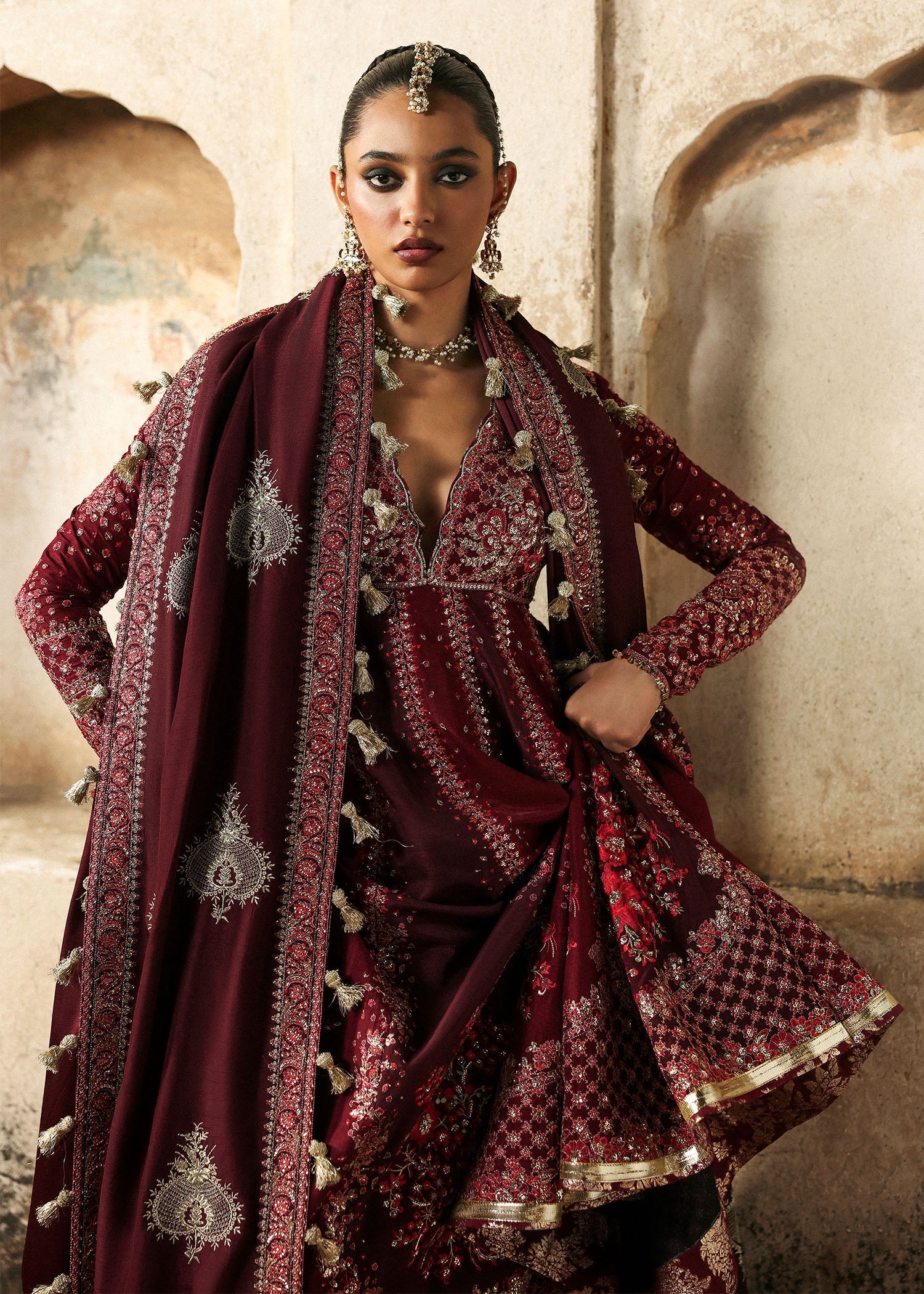 Women wearing Hussain Rehar gulnar Burgendy and Maroon Pishwas with churidar for Wedding wear, Guest of Wedding - Pakistani Designer Wear for Women in UK | Kifat