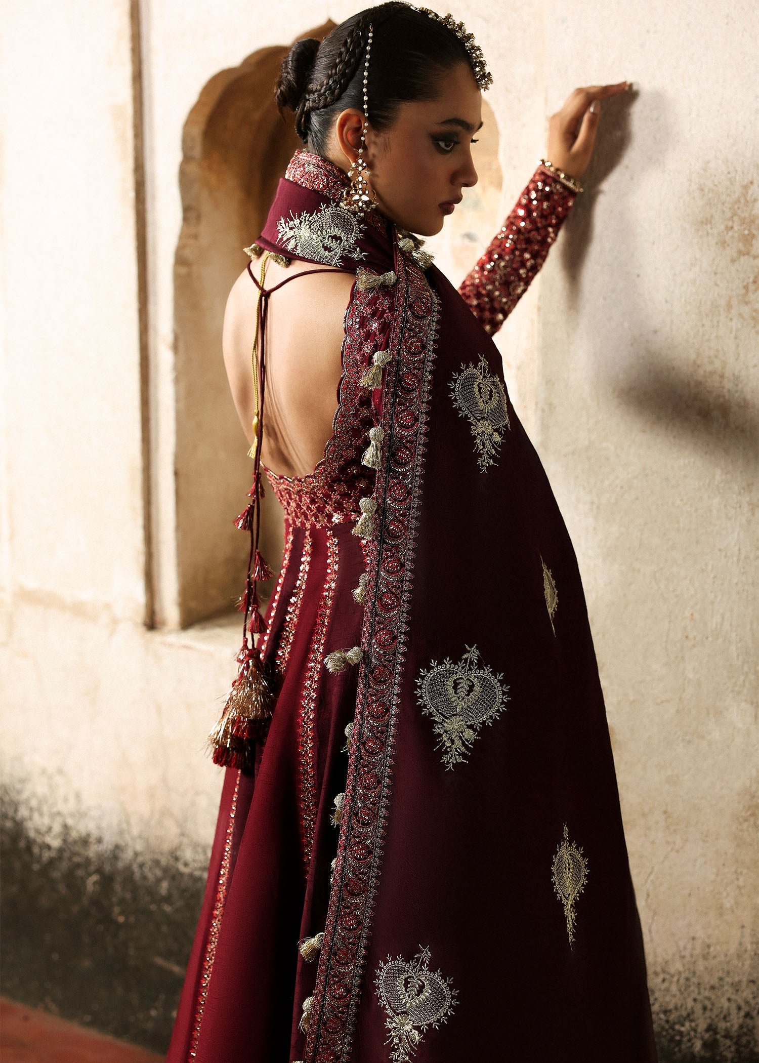 Women wearing Hussain Rehar gulnar Burgendy and Maroon Pishwas with churidar for Wedding wear, Guest of Wedding - Pakistani Designer Wear for Women in UK | Kifat